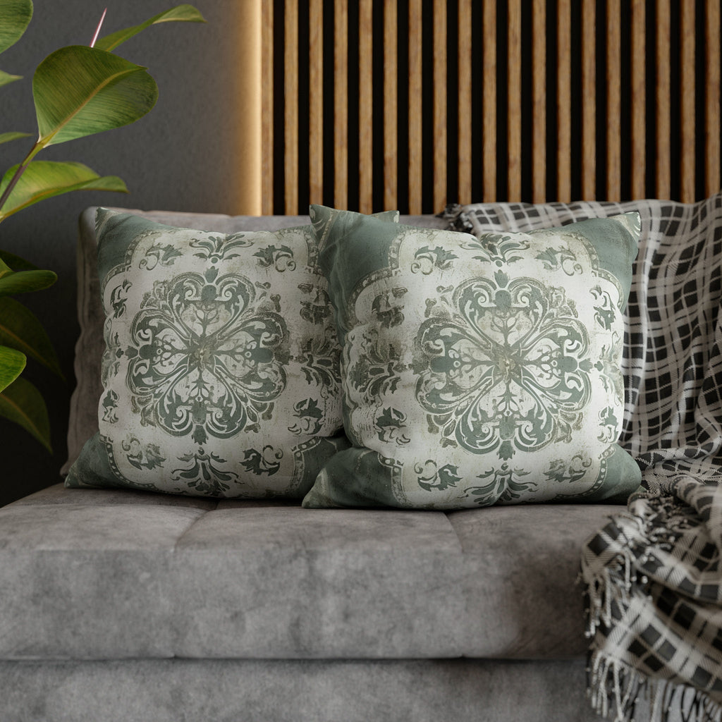 Vintage-Inspired French Farmhouse Pillow Cover: Faded White Medallion on Sage Green, Rustic Elegance