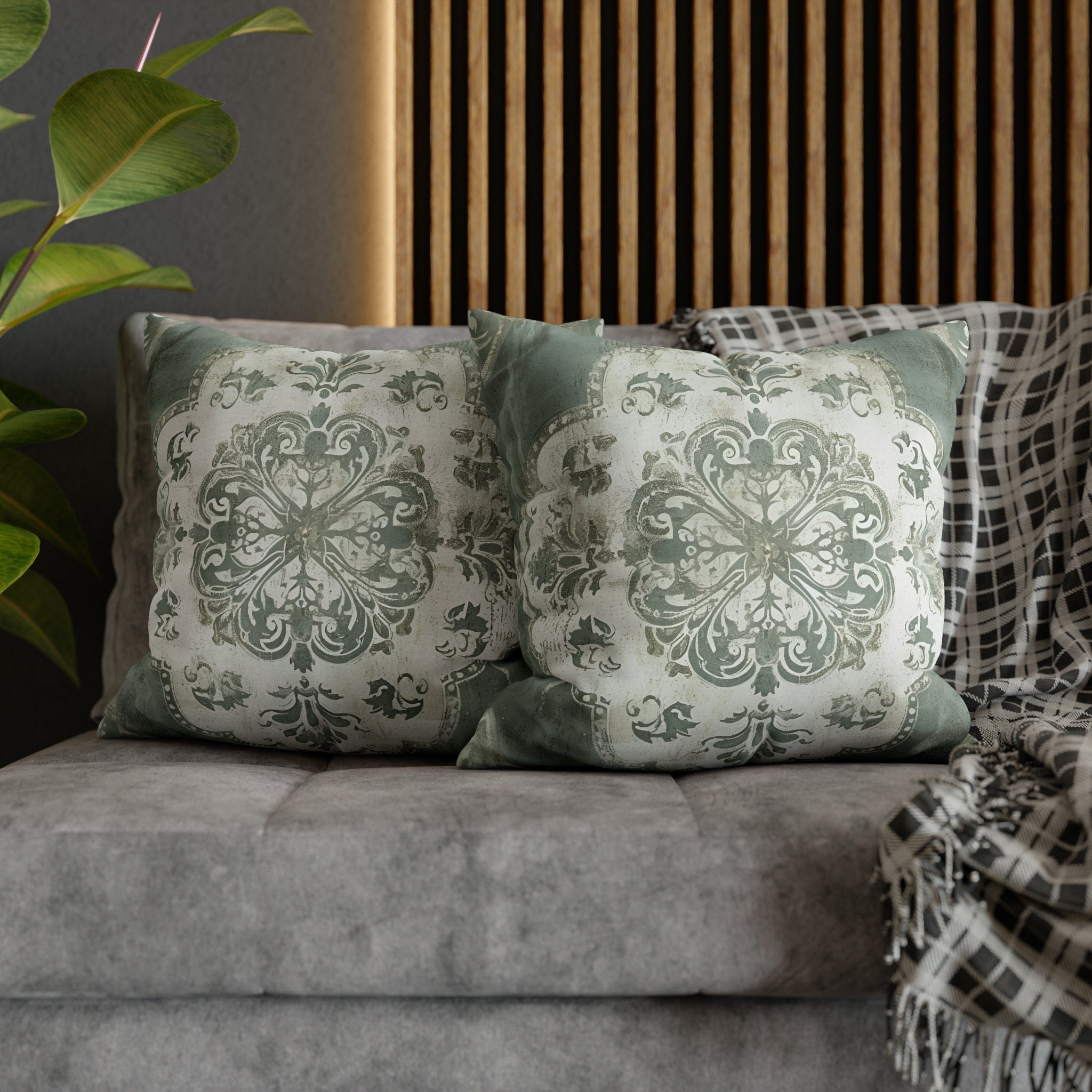 Vintage-Inspired French Farmhouse Pillow Cover: Faded White Medallion on Sage Green, Rustic Elegance