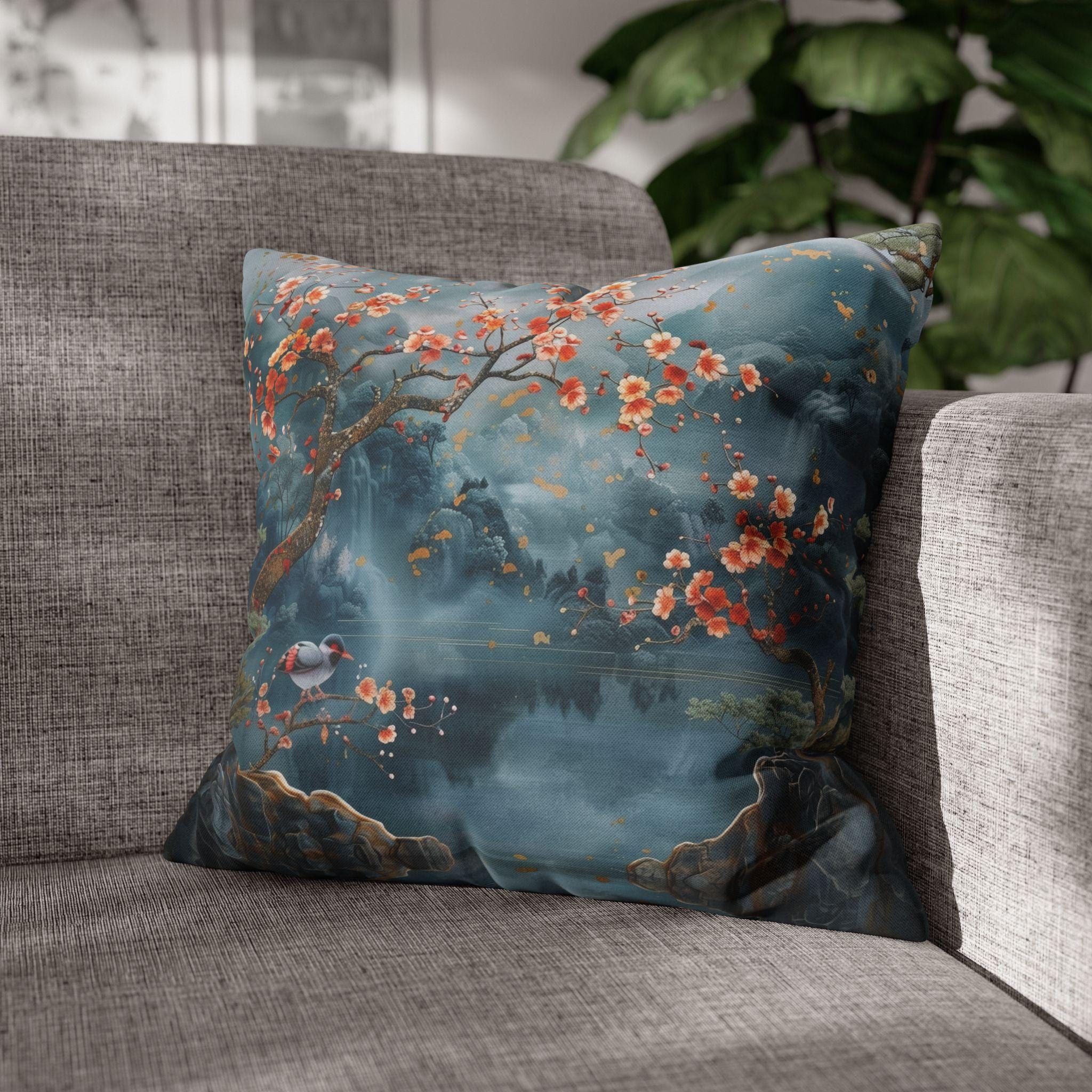 Chinoiserie Watercolor Pillow Cover: Misty Mountain Landscape with Blossoms and Bird Scene