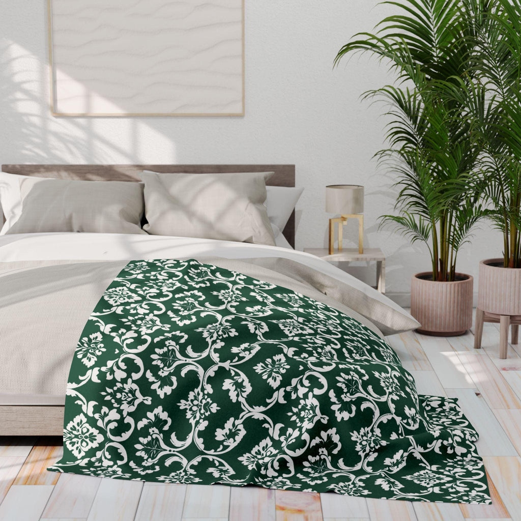Kelly Green Damask Fleece Blanket: Elegant Floral Throw