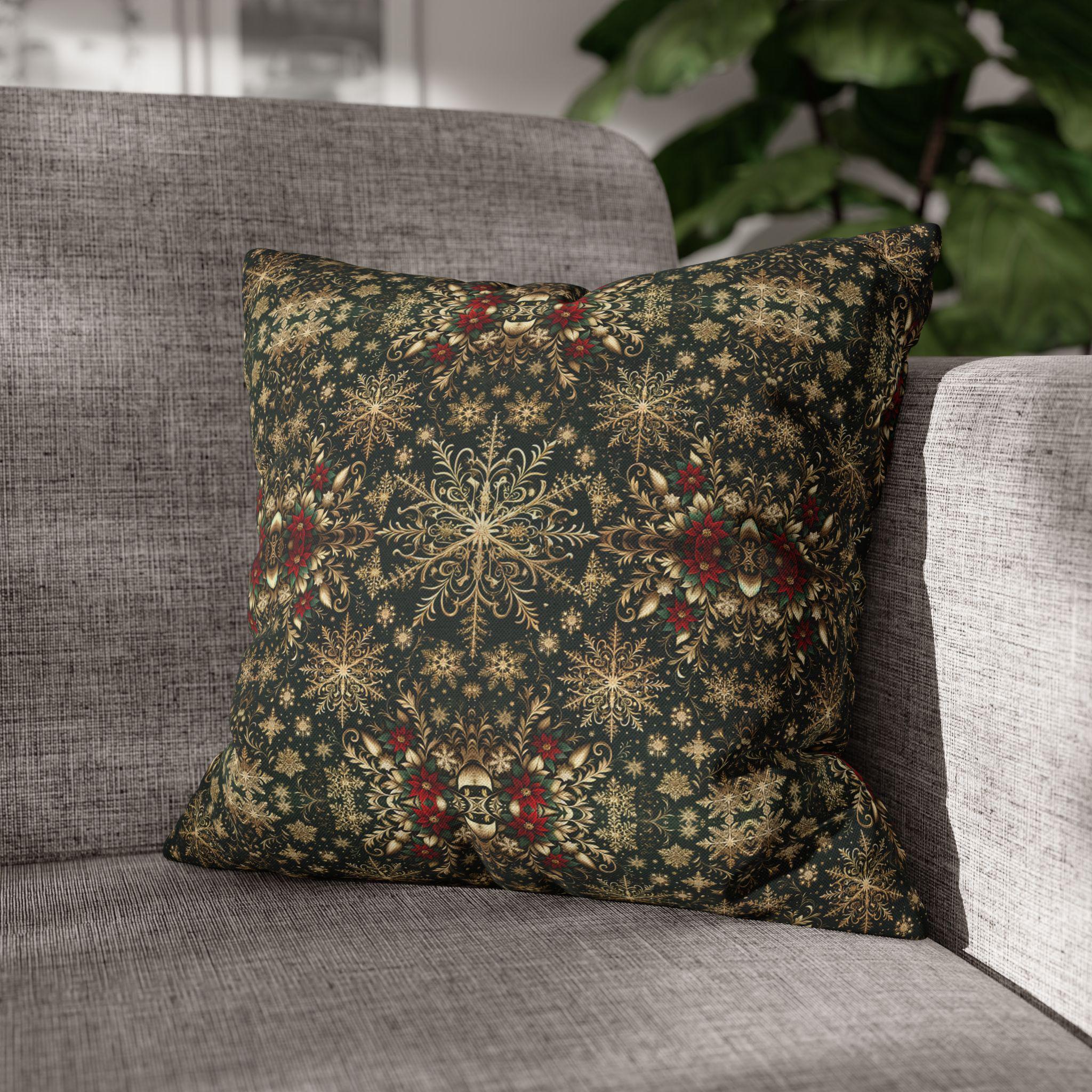 Elegant Gold Snowflake Poinsettia Square Pillow Cover: Holiday Tapestry Pattern for Christmas Home Decor