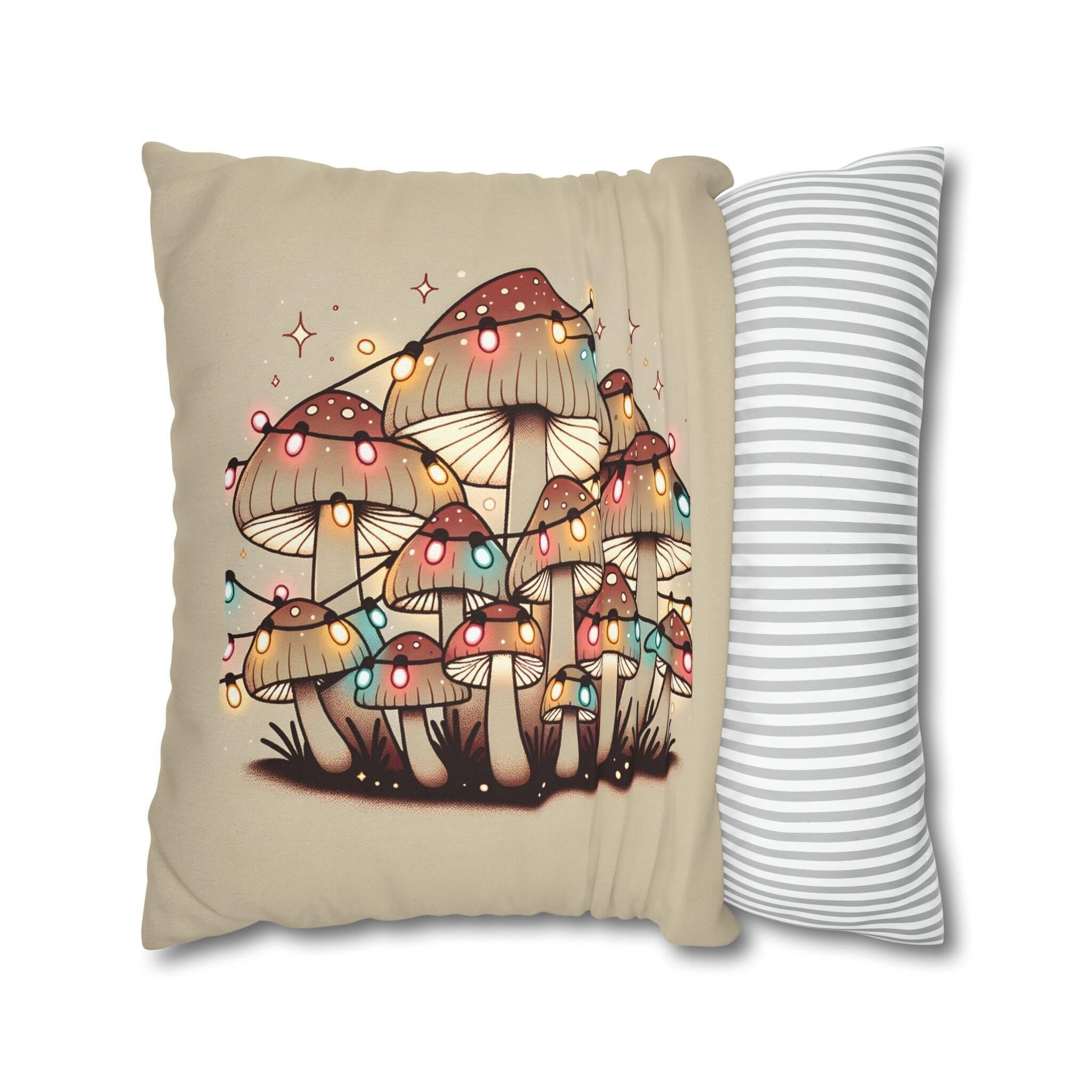 Whimsical Mushrooms Adorned with Colorful Christmas Lights: A Unique Throw Pillow Cover for the Holidays