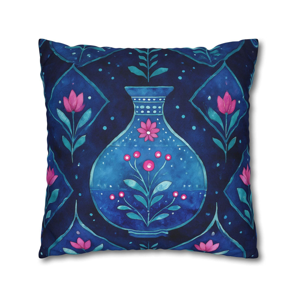 Folk Art Pillow Cover: Blue Vase, Pink Floral Watercolor Design