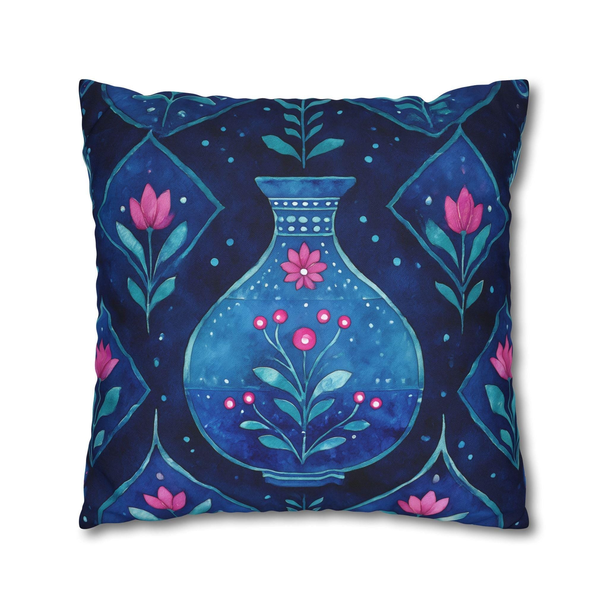 Folk Art Pillow Cover: Blue Vase, Pink Floral Watercolor Design