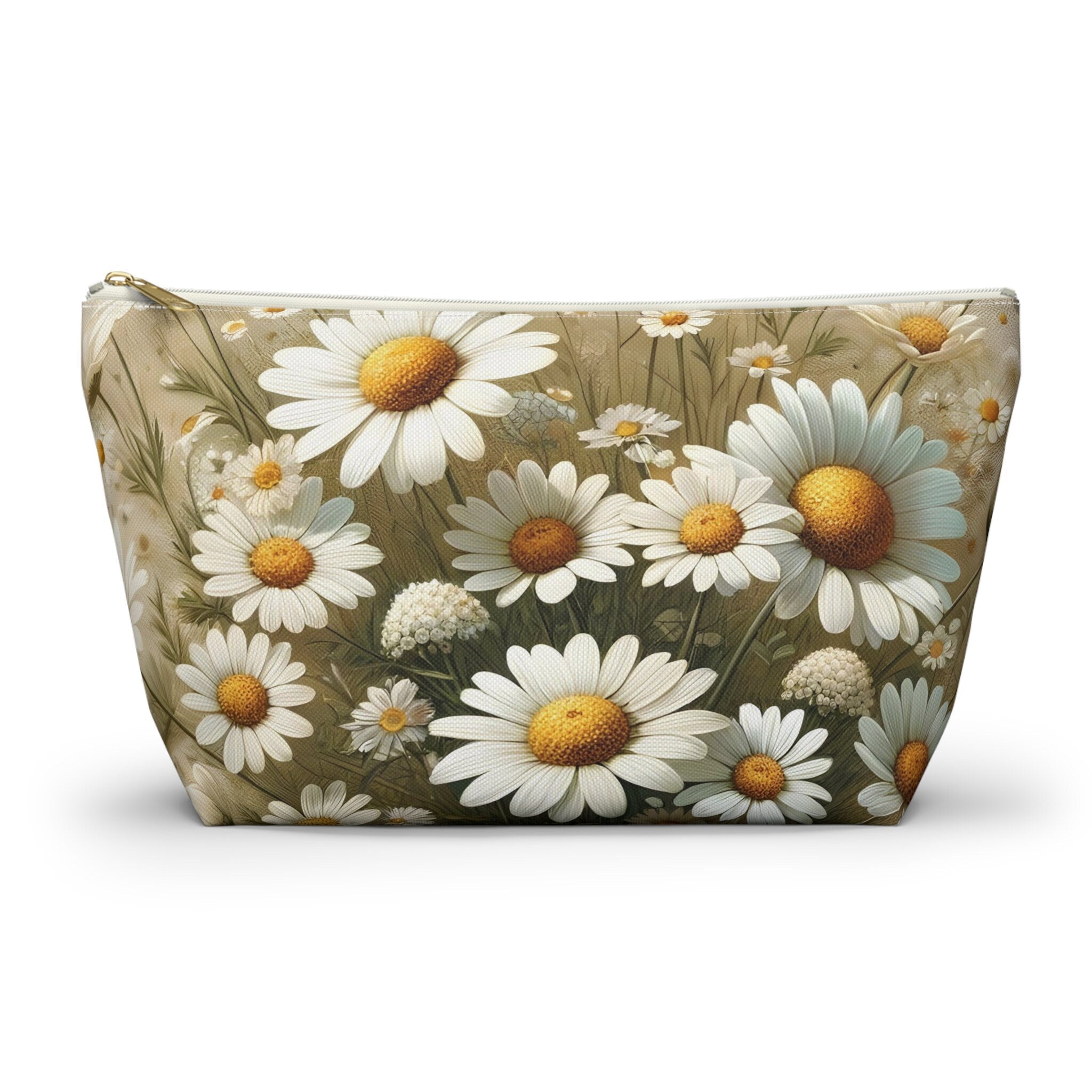 Wild Daisies Accessory Pouch with T-Bottom Floral Design in Large & Small Sizes, Gift for Mom, Gift for Her