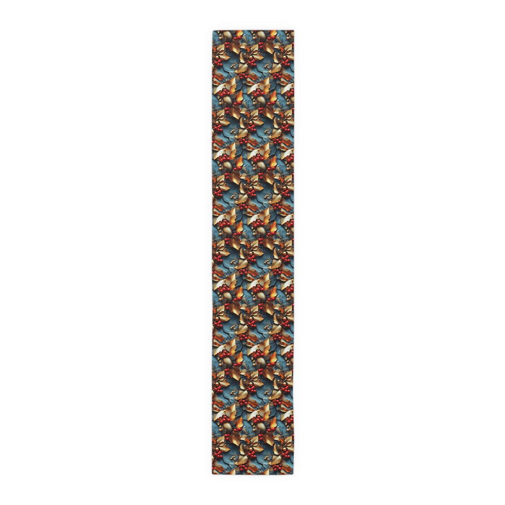 Christmas Holly Table Runner, Teal Red Berry Gold Leaf Design