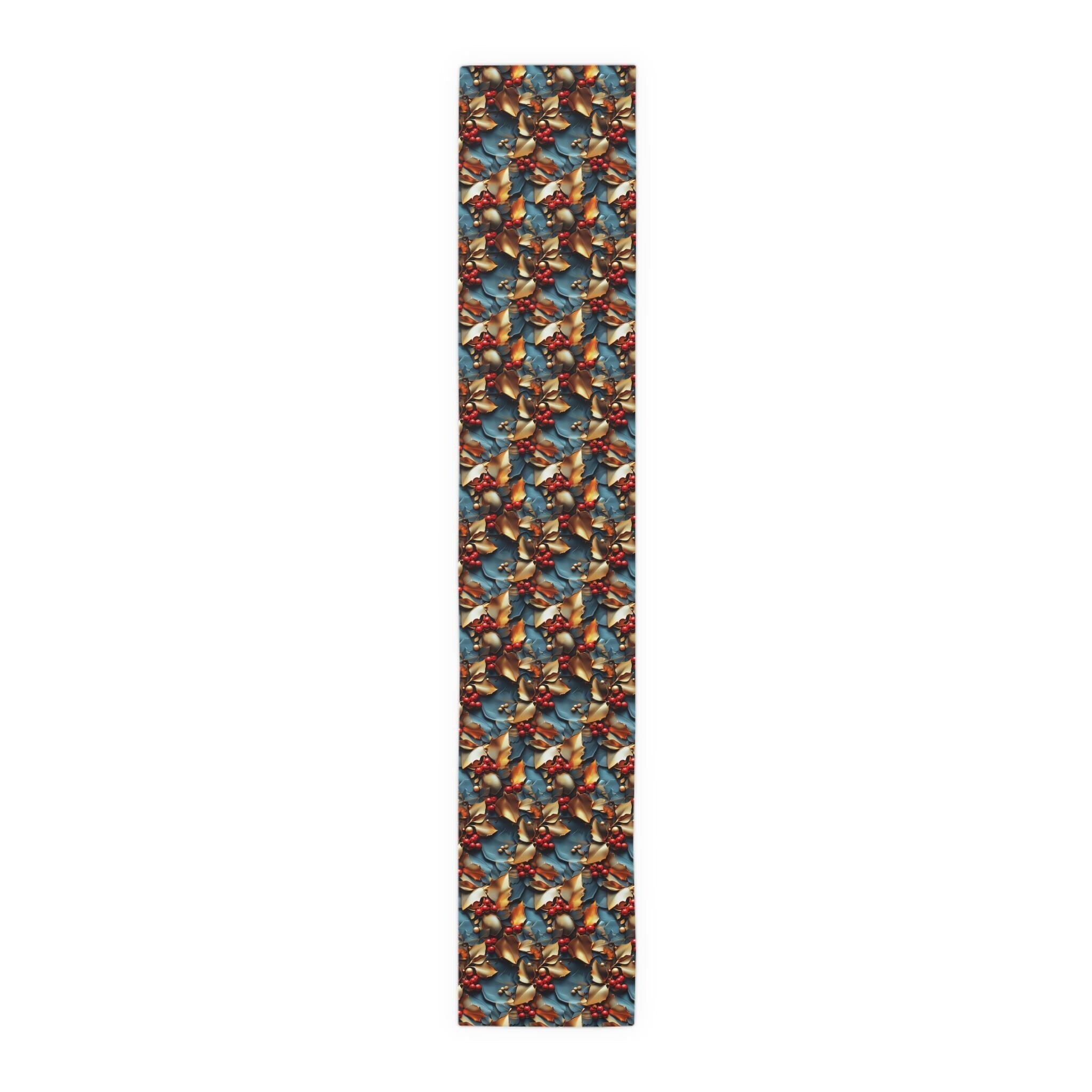 Christmas Holly Table Runner, Teal Red Berry Gold Leaf Design