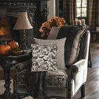 Chinoiserie Five Bats Woven Throw Pillow: Black and Cream Halloween Floral