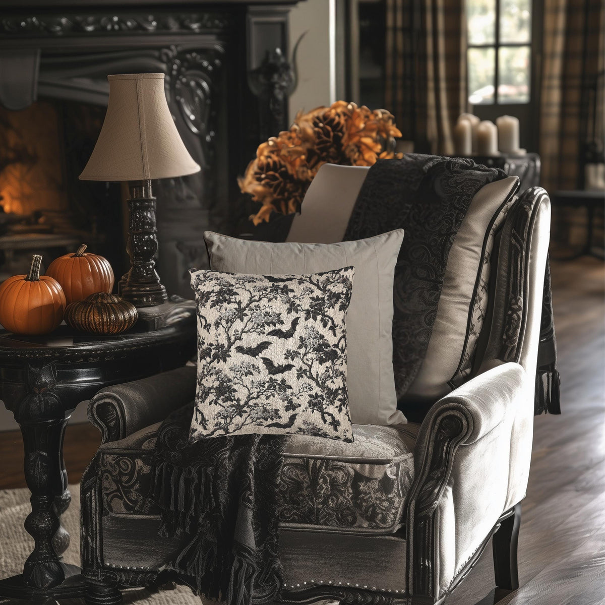 Chinoiserie Five Bats Woven Throw Pillow: Black and Cream Halloween Floral