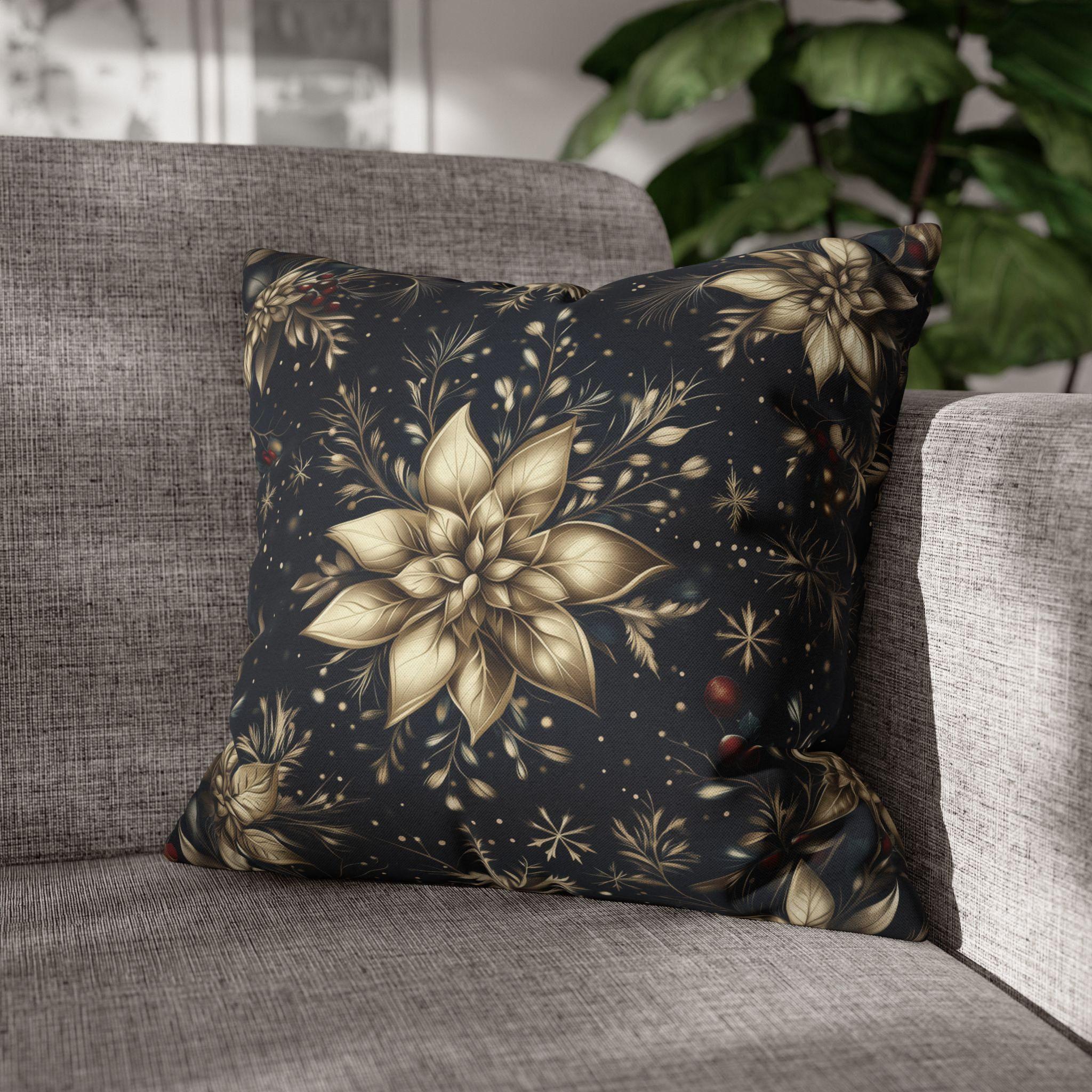 Elegant Holiday Pillow Cover | Golden Poinsettia Design | Navy Blue Background