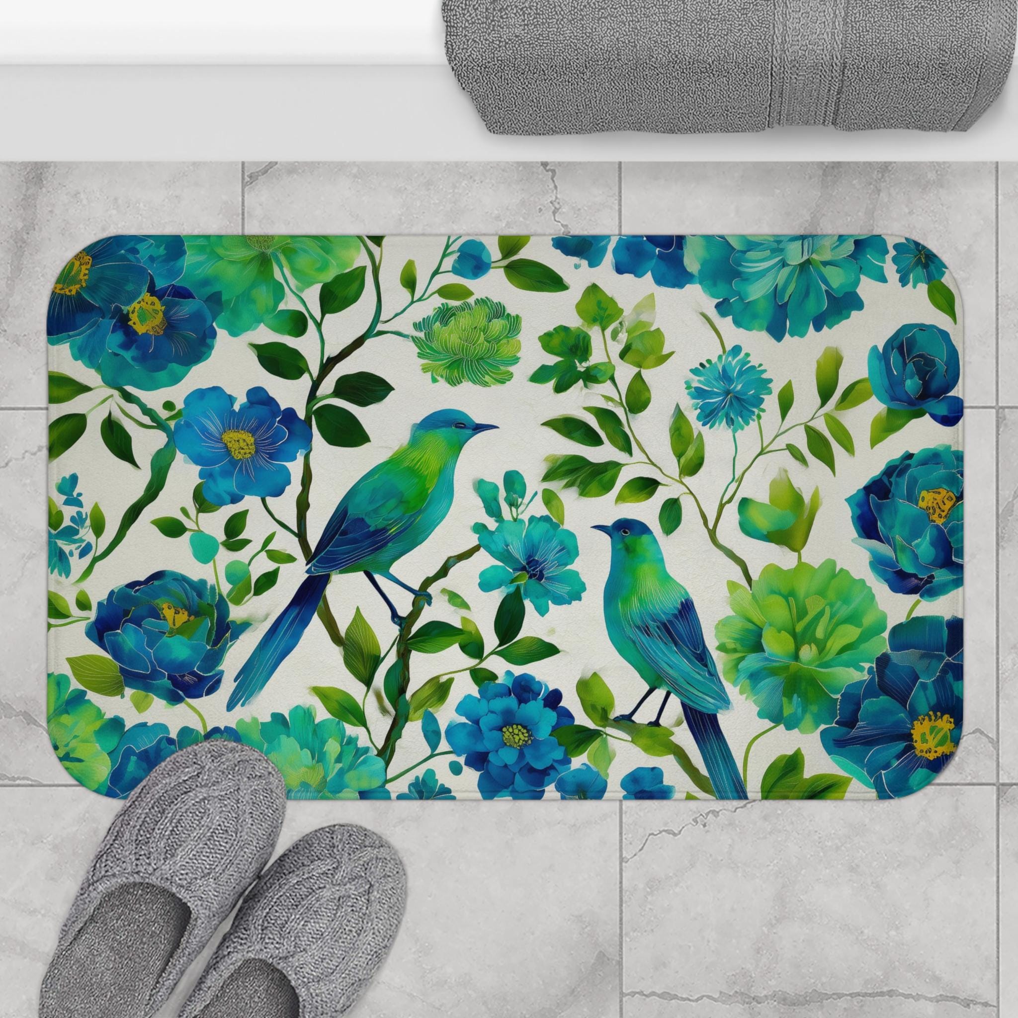 Elegant Chinoiserie Bath Mat: Blue-Green Bird & Floral Design for Stylish Bathroom Accent