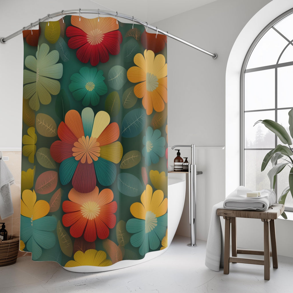 Retro Botanical Shower Curtain: Boho Floral Fabric in Teal, Mustard, and Terracotta