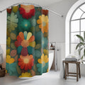 Retro Botanical Shower Curtain: Boho Floral Fabric in Teal, Mustard, and Terracotta
