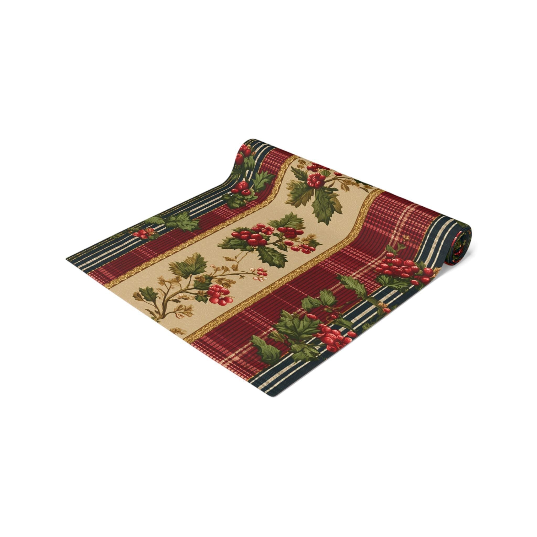 Christmas Table Runner: Classic Holly & Tartan Plaid