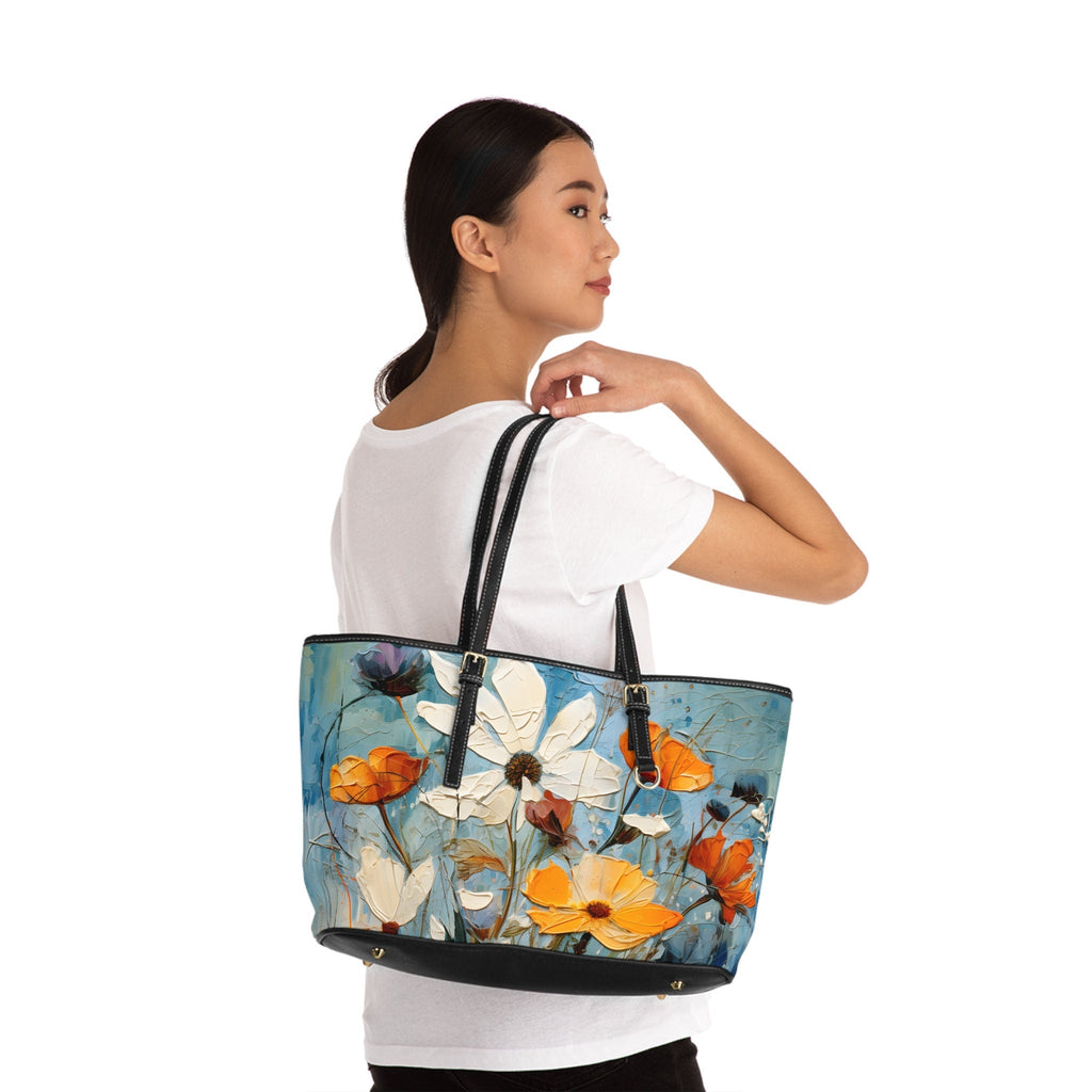Wildflower Oil Painting Style Shoulder Bag: Oversized Vegan Leather Tote