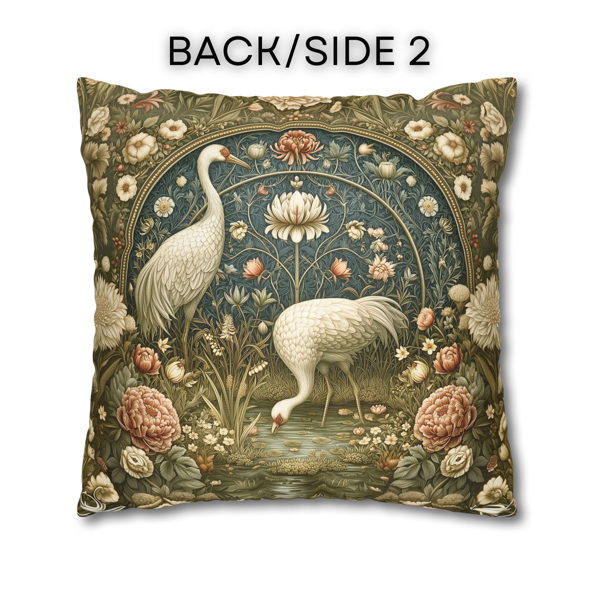 William Morris Style Throw Pillow Cover: Cranes and Marsh Botanicals