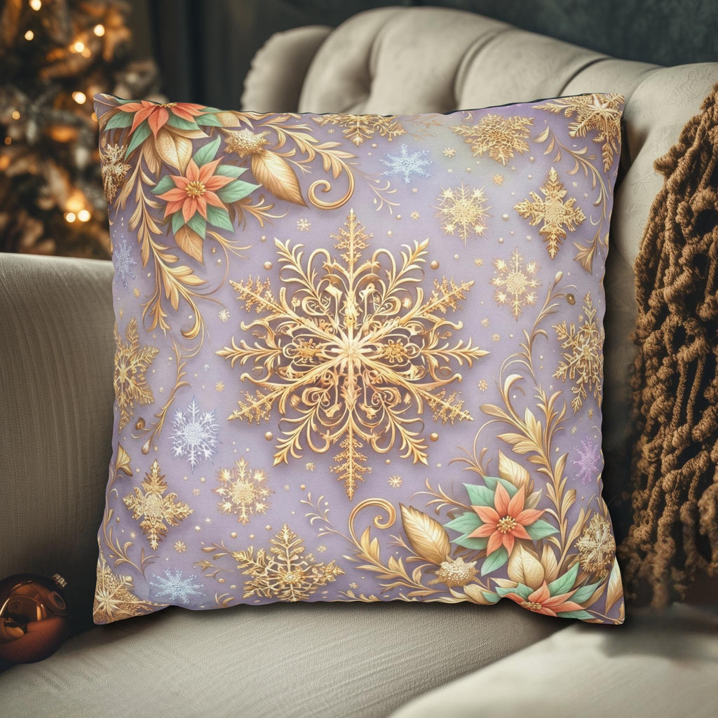 Pastel Christmas Pillow Cover: Gold Snowflake, Lilac Winter Decor, Frosted Poinsettia, Shabby Chic