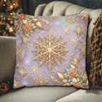 Pastel Christmas Pillow Cover: Gold Snowflake, Lilac Winter Decor, Frosted Poinsettia, Shabby Chic