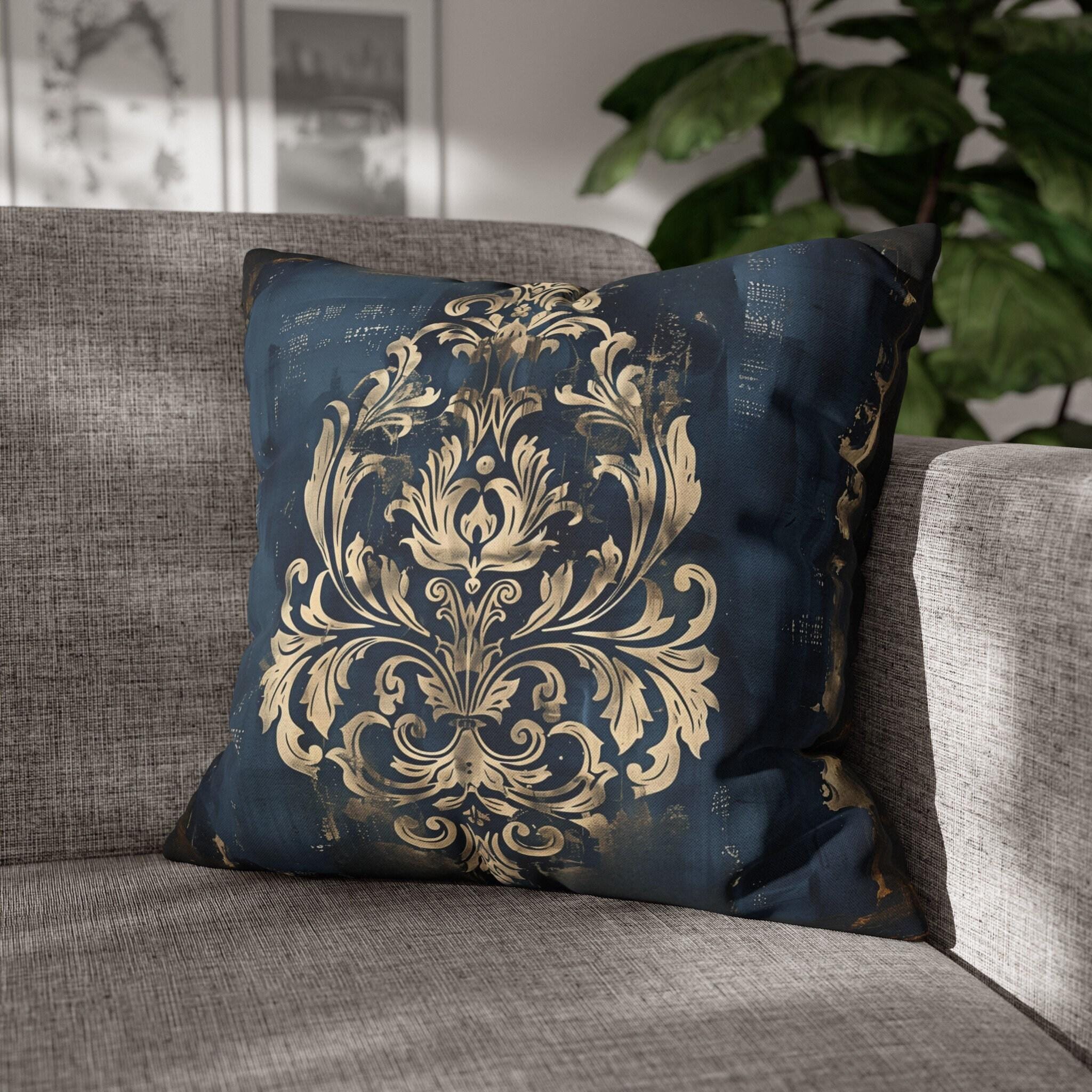 Navy Blue Damask Throw Pillow Cover: Vintage Style Gold Accent