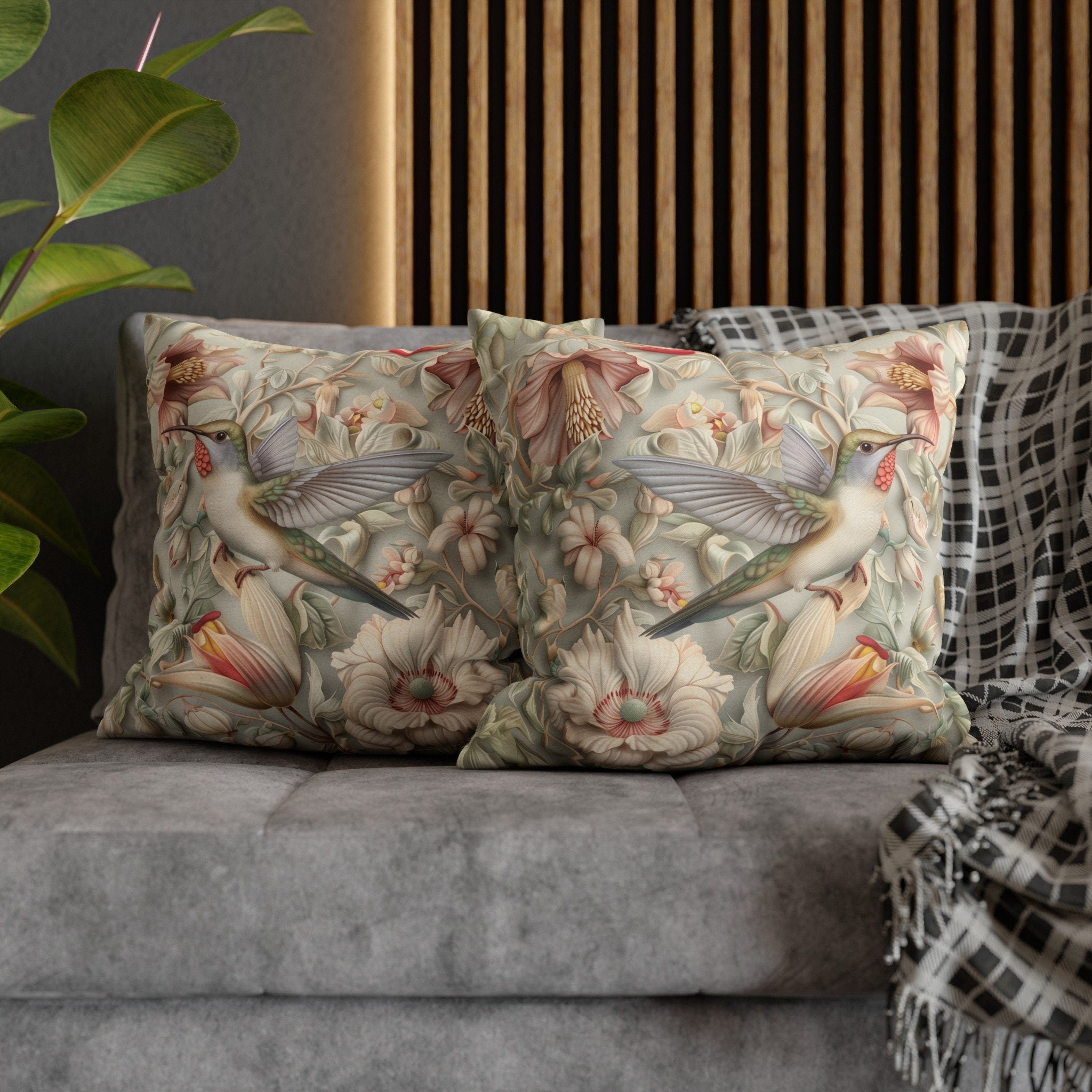 William Morris Hummingbird Pillow Cover: Vintage Style Floral Art, Pastel Green