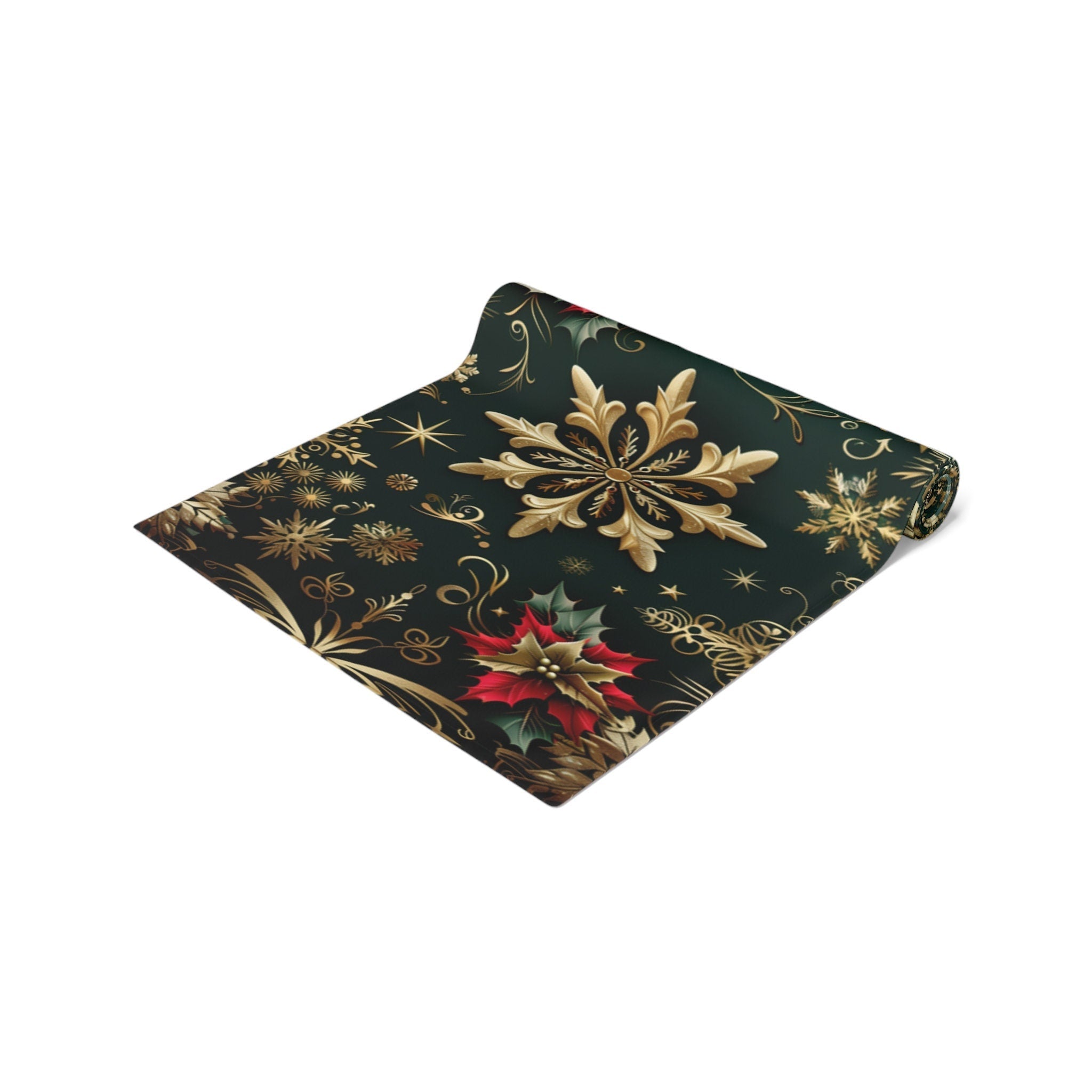 Poinsettia Christmas Table Runner: Emerald, Gold Snowflakes, Holiday Dining