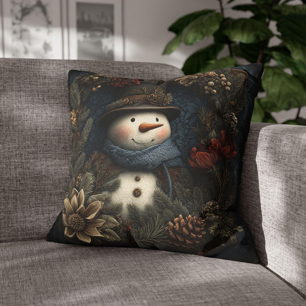 Winter Woodland Snowman Pillow Cover: William Morris Style with Pine, Florals & Vintage Charm