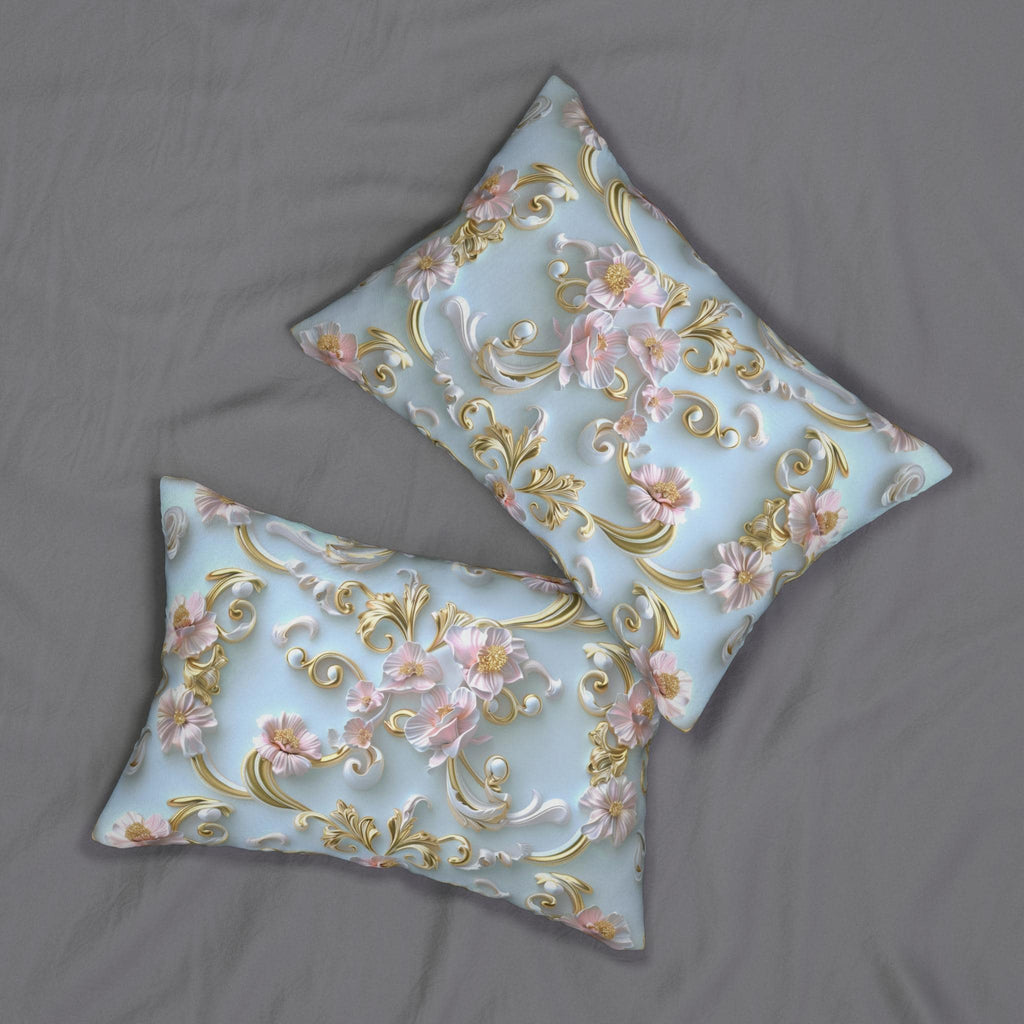 Rococo-Inspired Coquette Lumbar Pillow: Soft Pink Flowers on Pastel Blue with Gold Accents