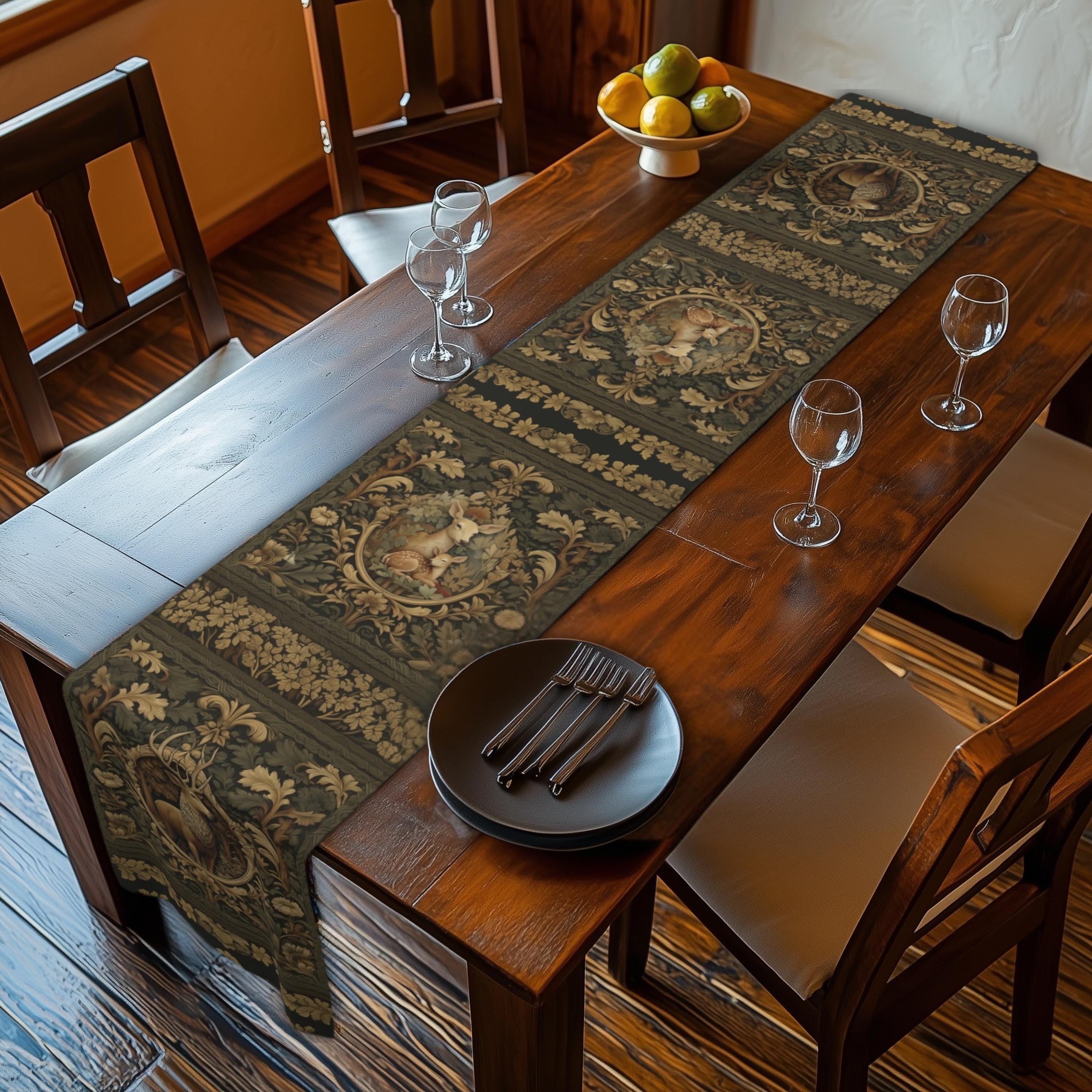 William Morris Inspired Noble Stag Table Runner: with Doe and Fawn Woodland Design