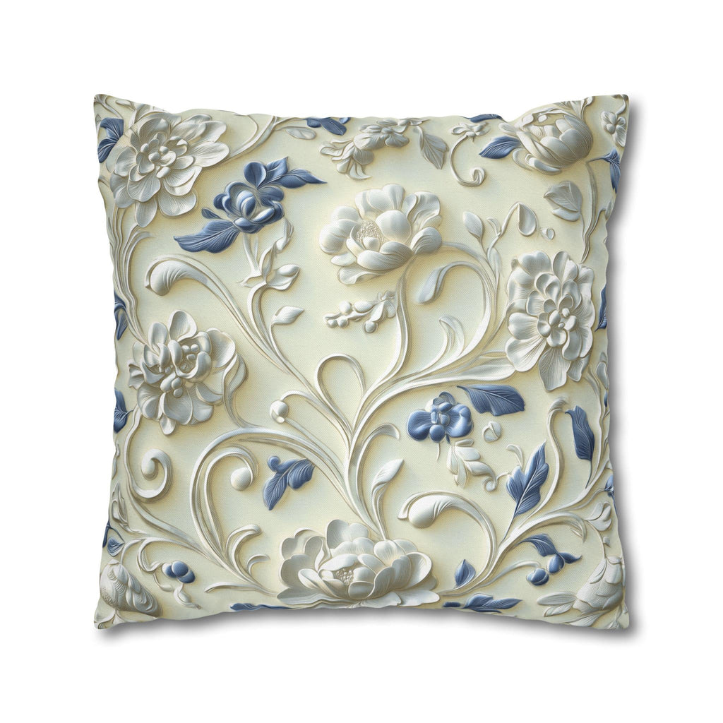 Elegant Chinoiserie Floral Pillowcase: Ivory & Blue Porcelain-Inspired Square Cover for Home Decor