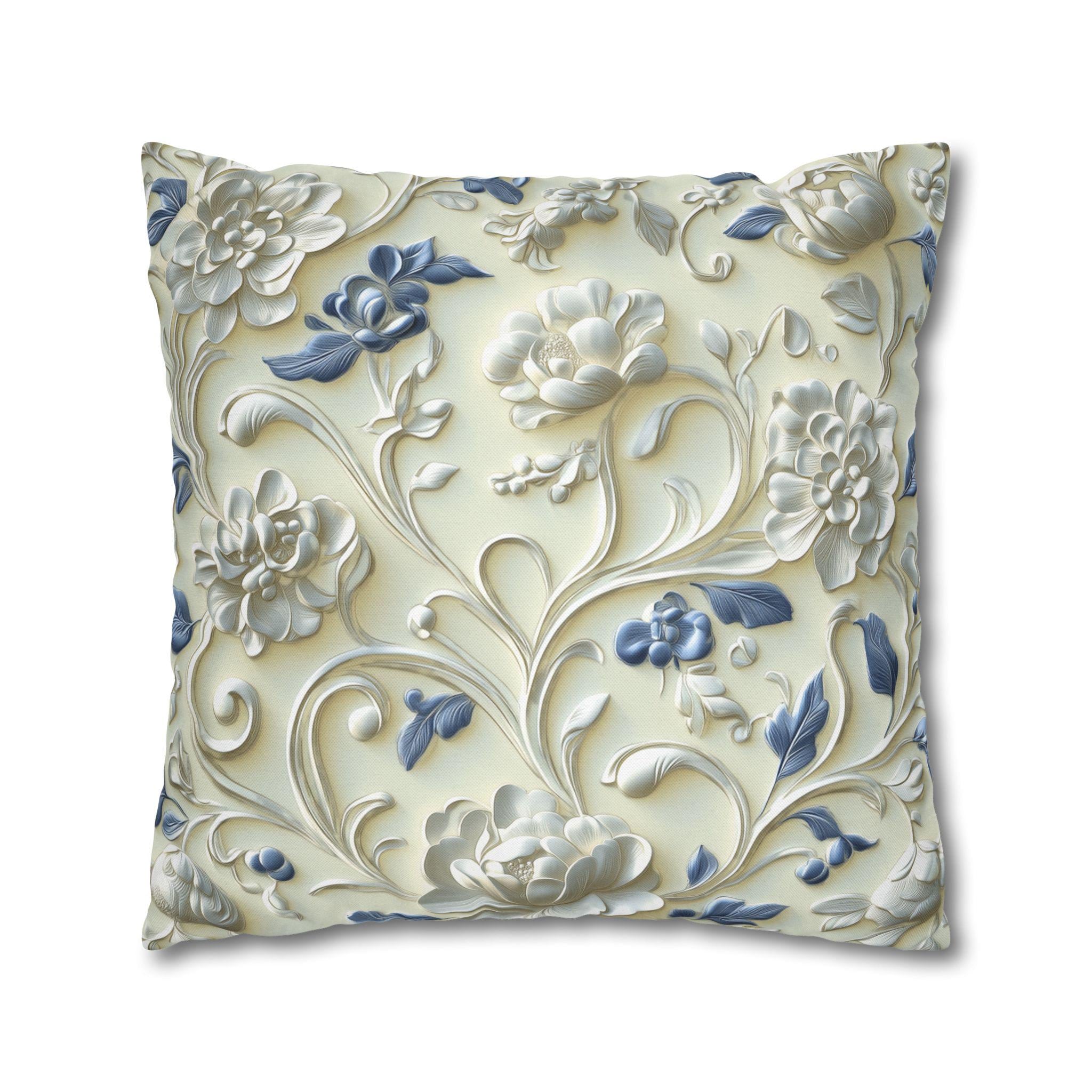 Elegant Chinoiserie Floral Pillowcase: Ivory & Blue Porcelain-Inspired Square Cover for Home Decor