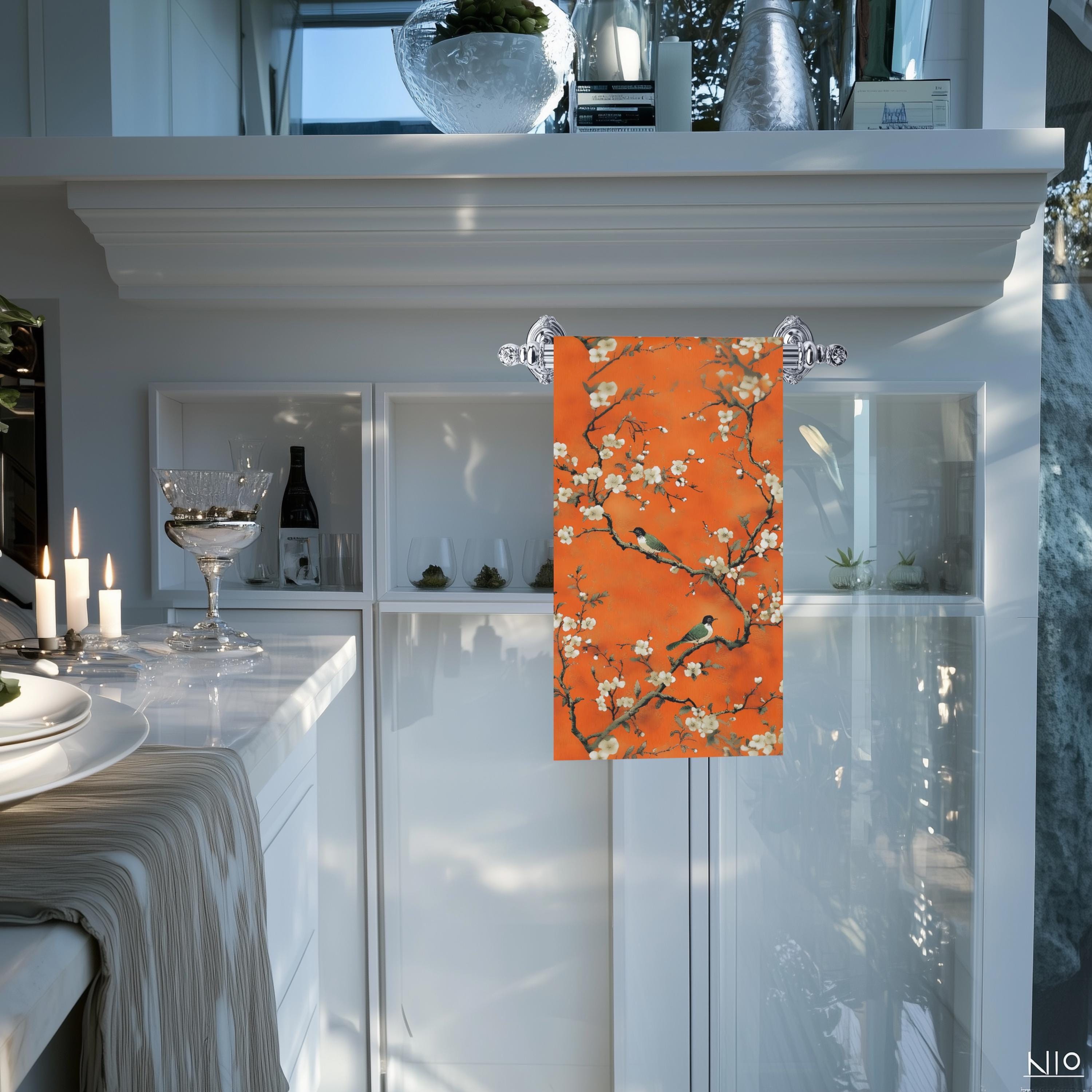 Chinoiserie Hand Towel: Burnt Orange with Blossoms and Birds for Asian-Inspired Decor