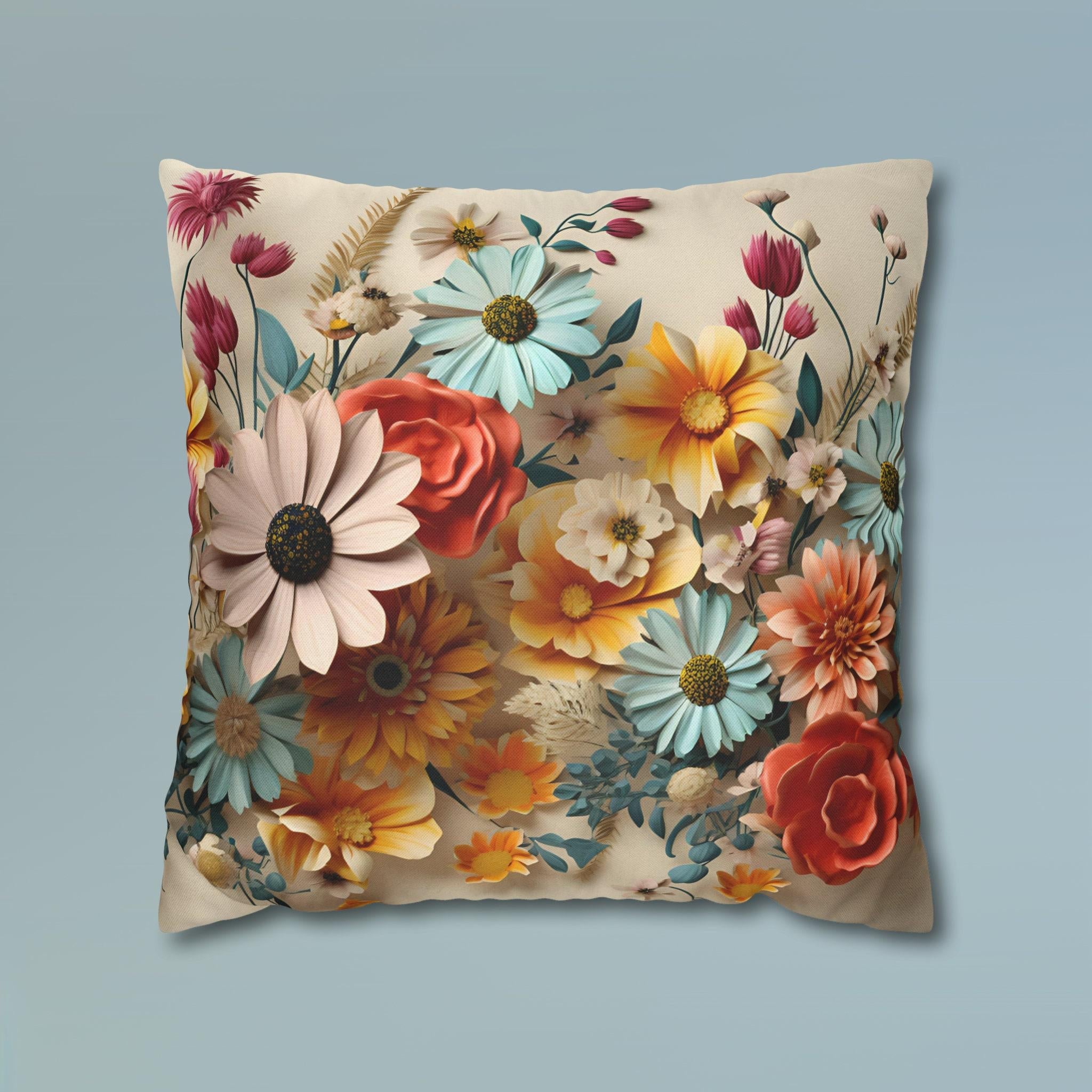 Vintage Style Floral Pillow Cover: Vibrant Flower Meadow Design