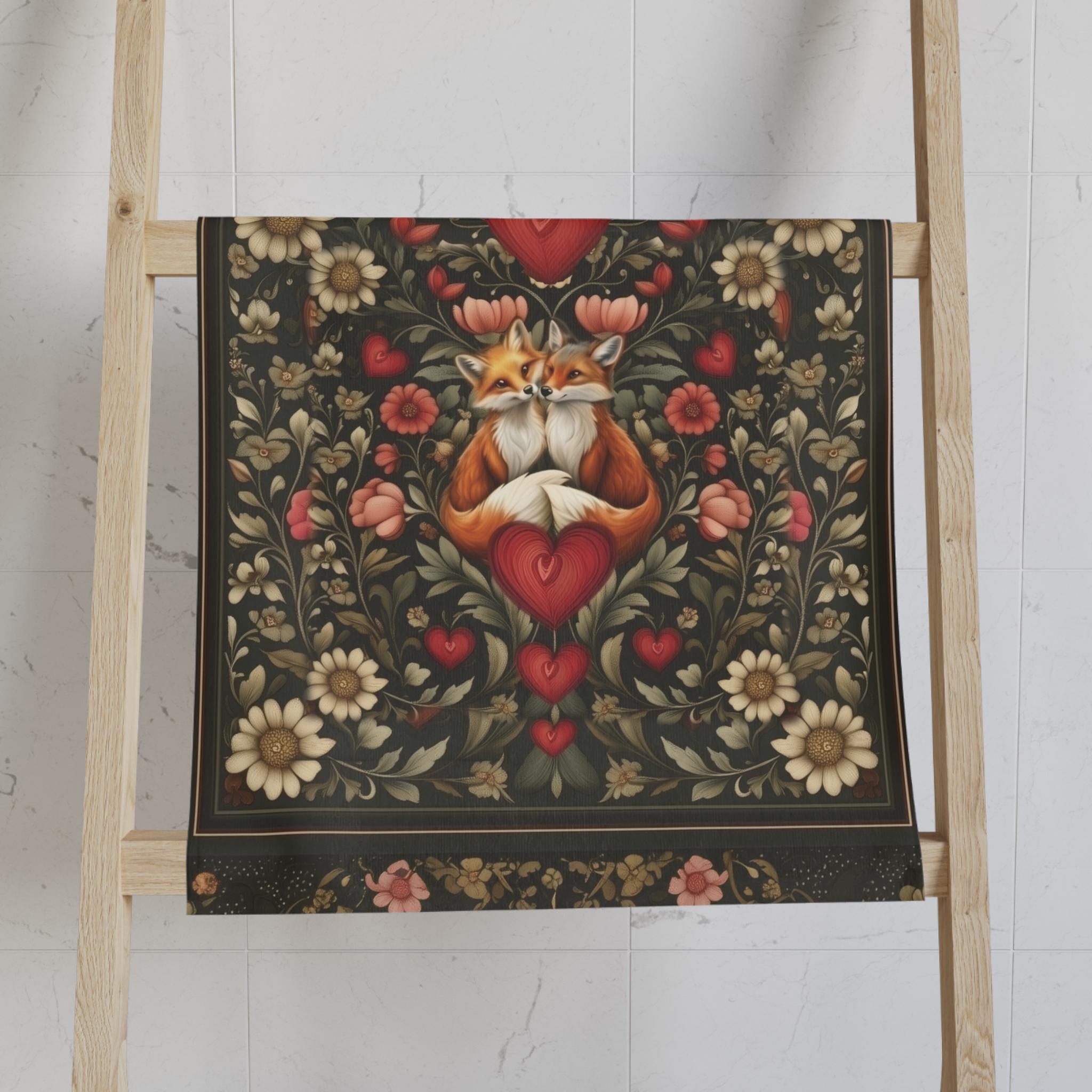 William Morris Inspired Fox Love Hand Towel: Romantic Woodland Kitchen or Bath Decor