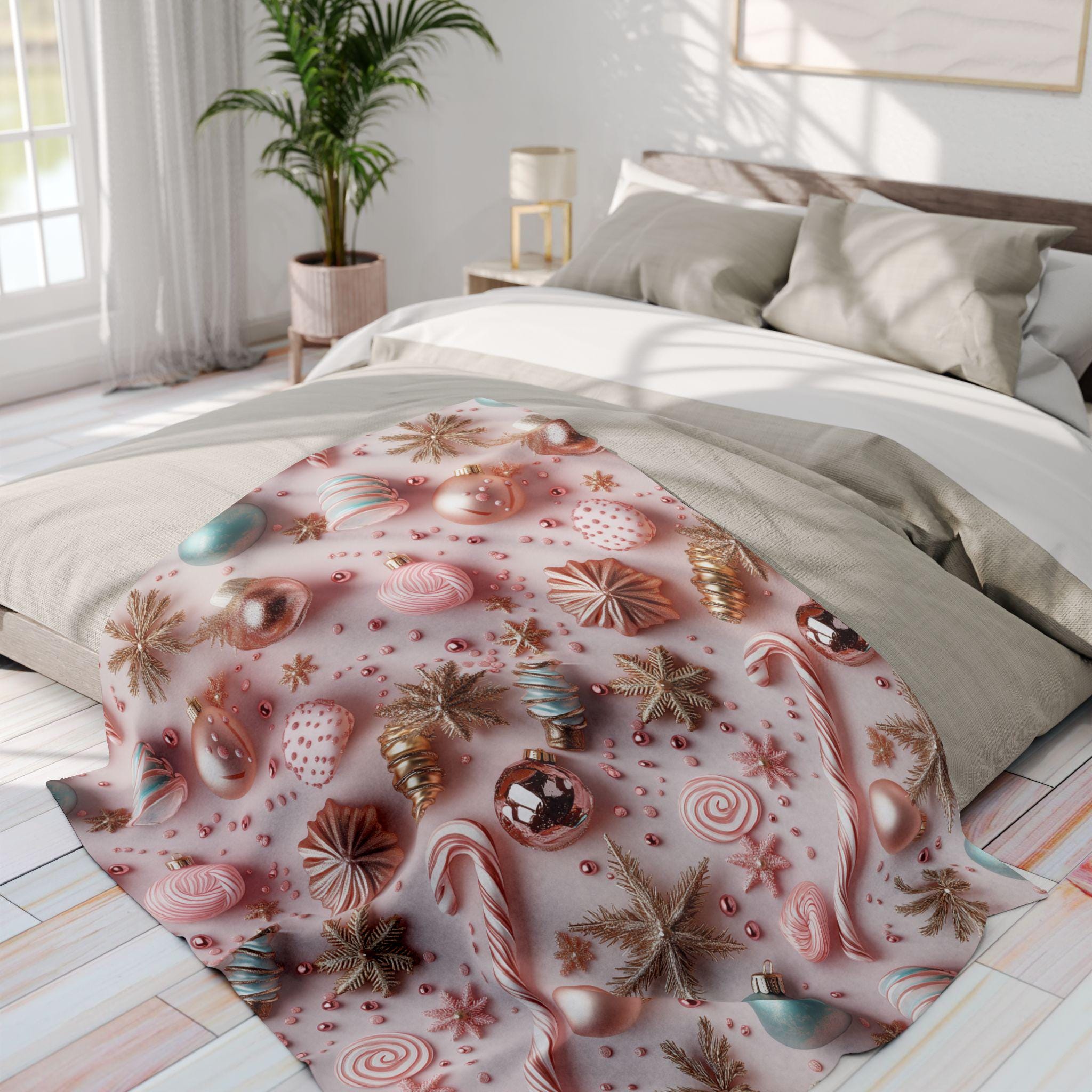 Candycore Soft Fleece Blanket, Pastel Pink, Minty Blue Whimsical Christmas Holiday Decor