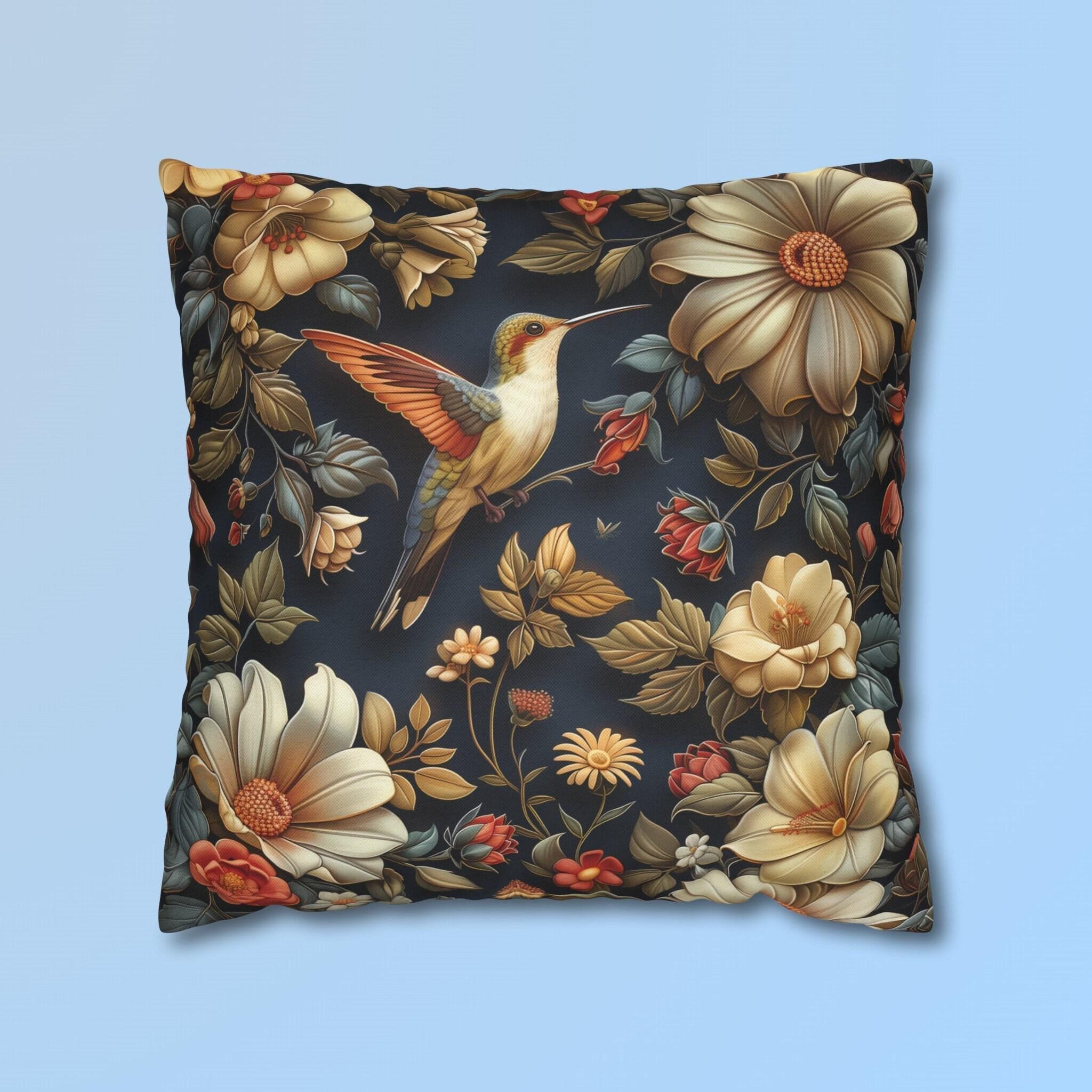 Elegant William Morris Inspired Hummingbird Floral Pillow Cover - Navy Background Art Lover Gift