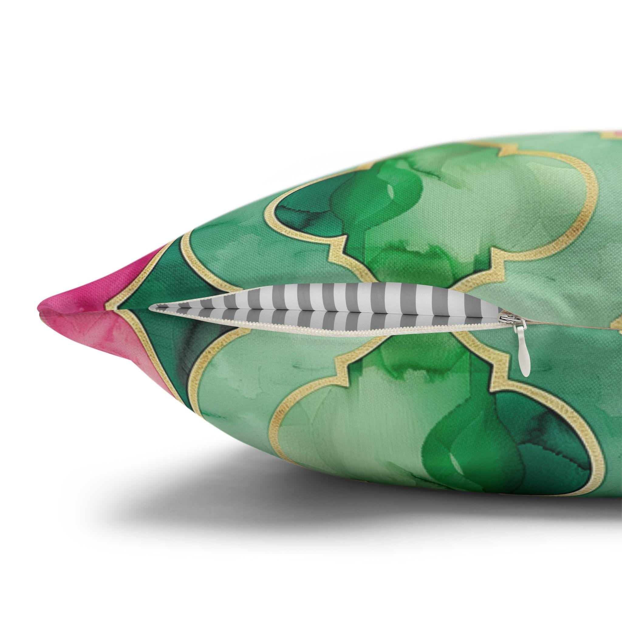 Moroccan Tile-Inspired Pillow Cover | Vibrant Pink & Green Watercolor Design | Elegant Home Decor