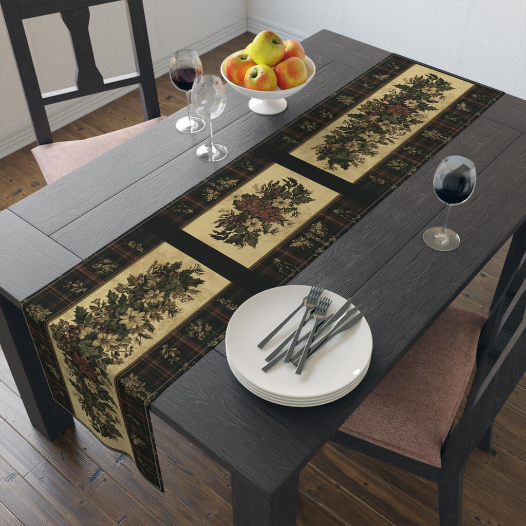 Plaid Botanical Stripes Christmas Table Runner: Vintage Style with Poinsettias and Holly