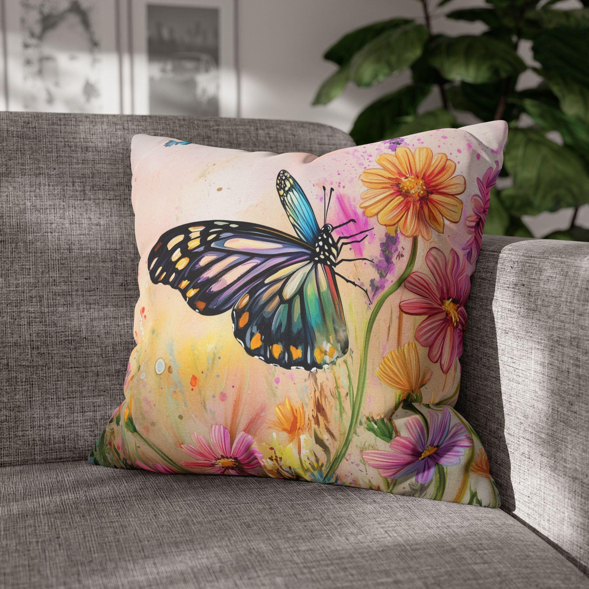 Vibrant Butterfly Garden Pillow Cover: Watercolor Floral Accent for Home Decor