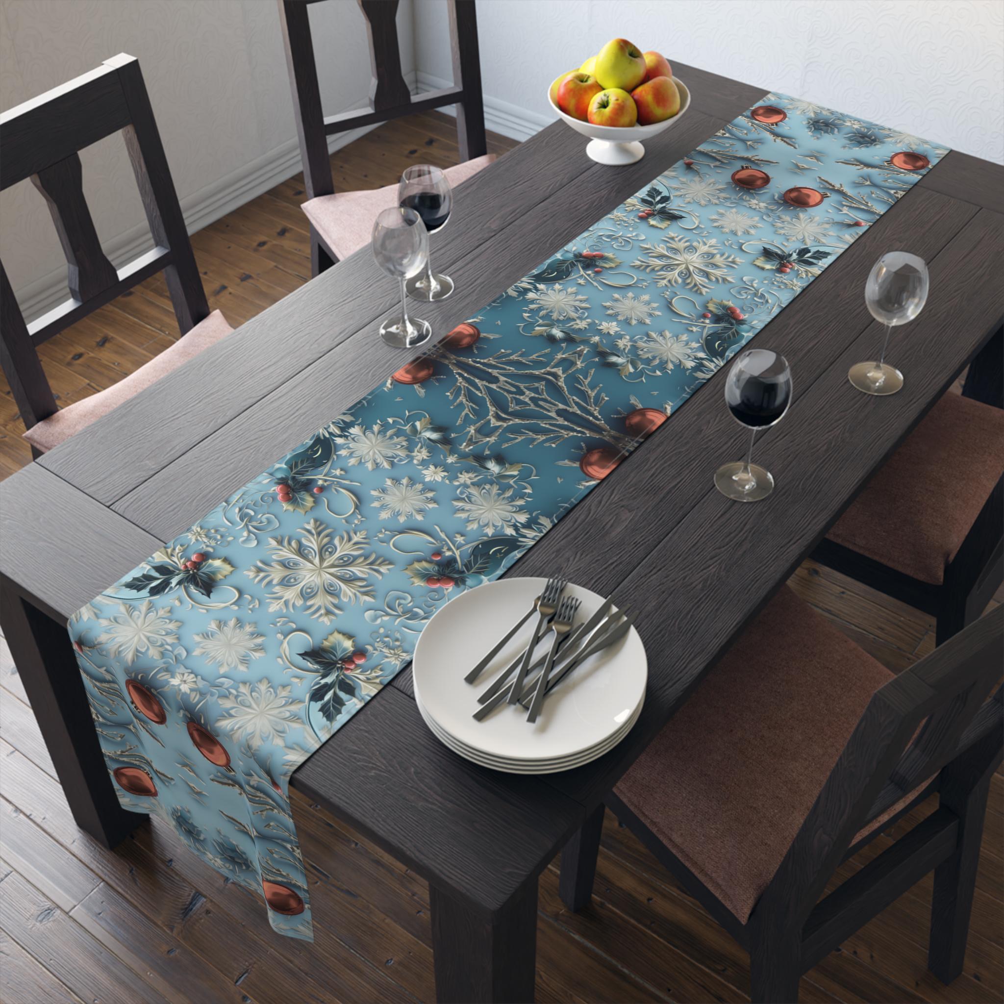Winter Wonderland Table Runner Blue Aqua & Red Christmas Dining Holiday Centerpiece Festive Design