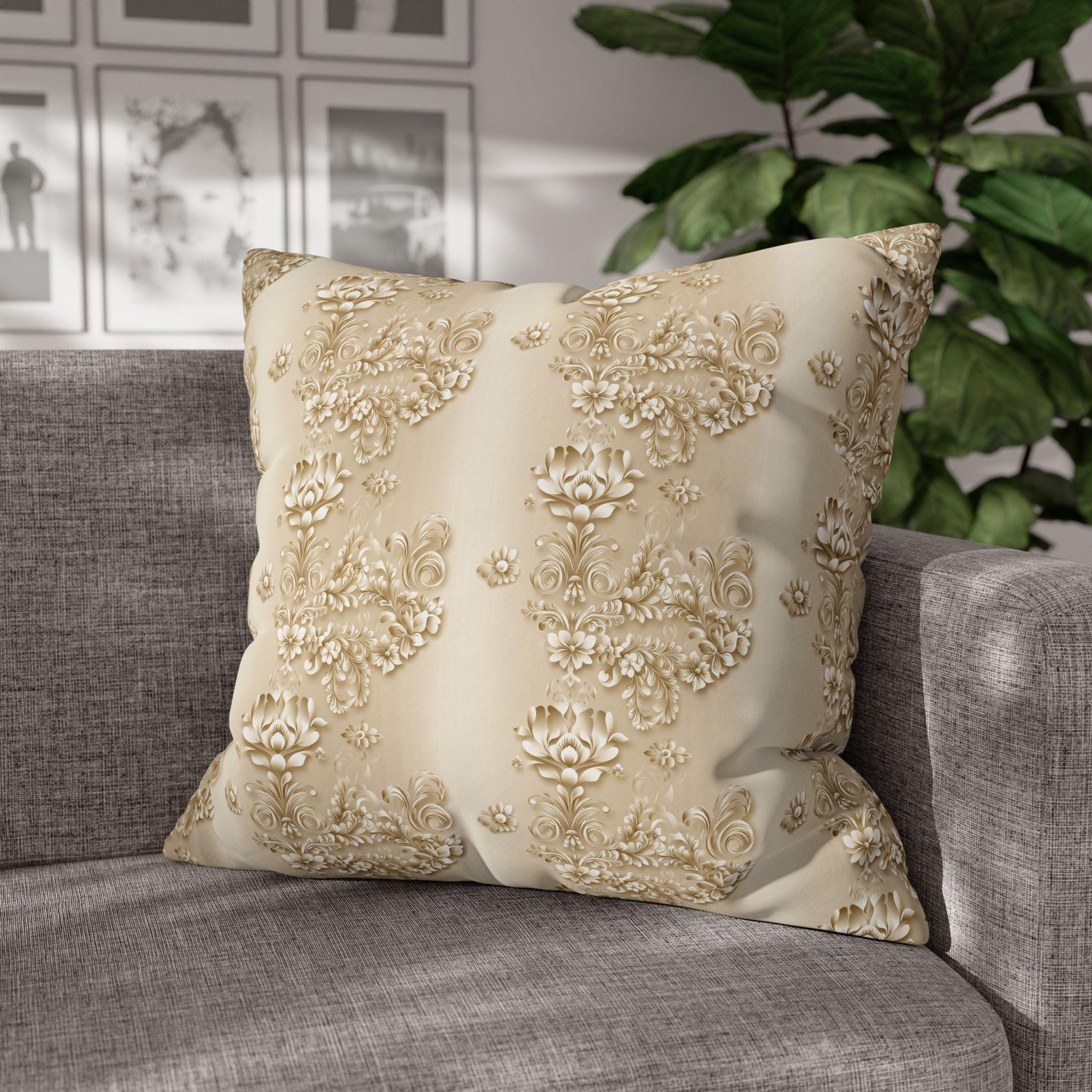 Floral Scrollwork Pillow Cover: Elegant Gold & Beige Euro Sham Sizes