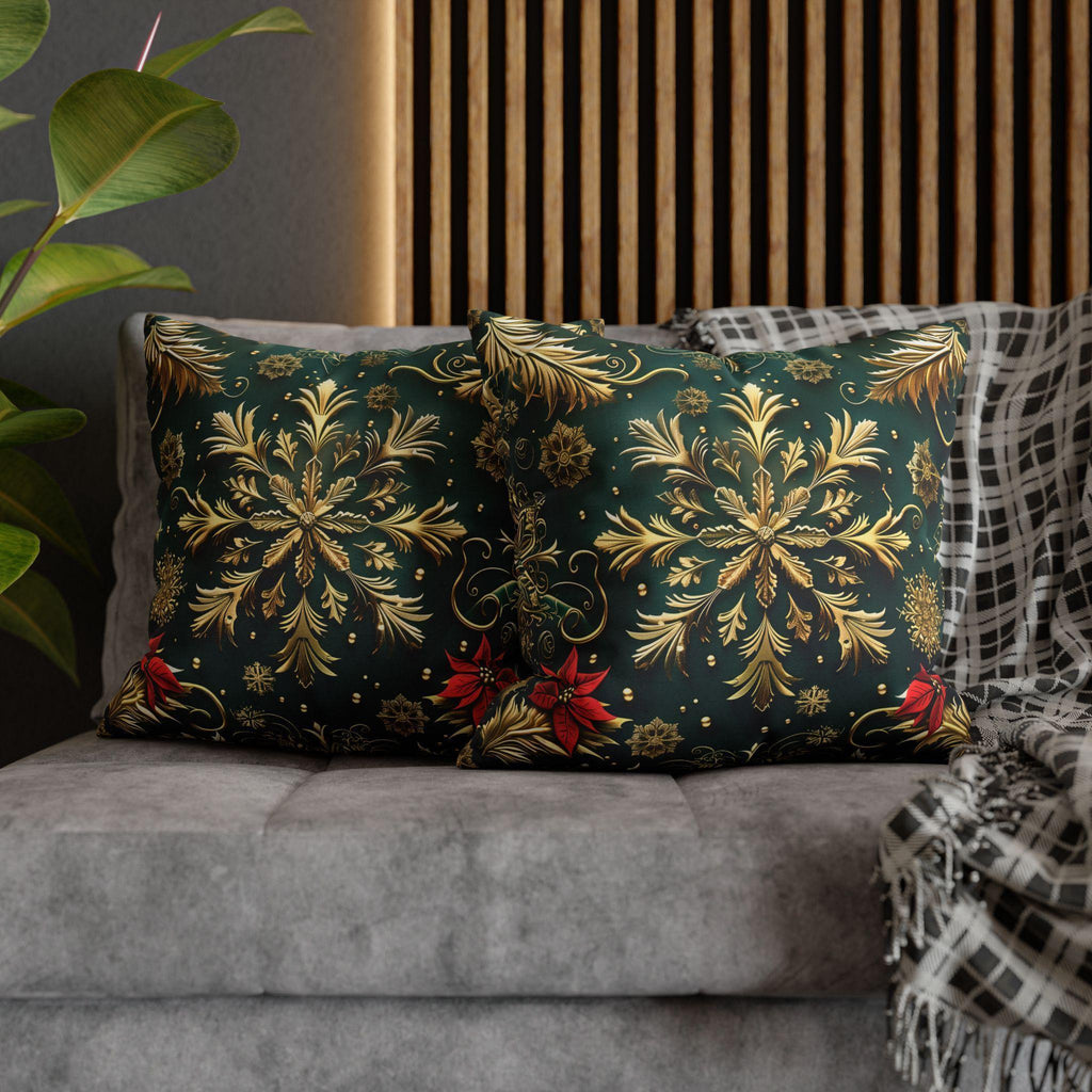 Holiday Snowflake Square  Pillowcase, Elegant Christmas Decor, Luxury Green & Gold Pillow Sham