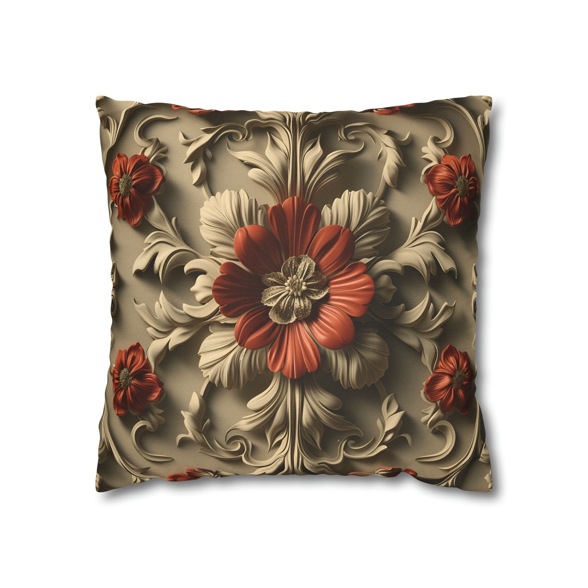 Baroque Style Pillow Cover: Red Flower, Acanthus Leaves, Embossed 3D Effect