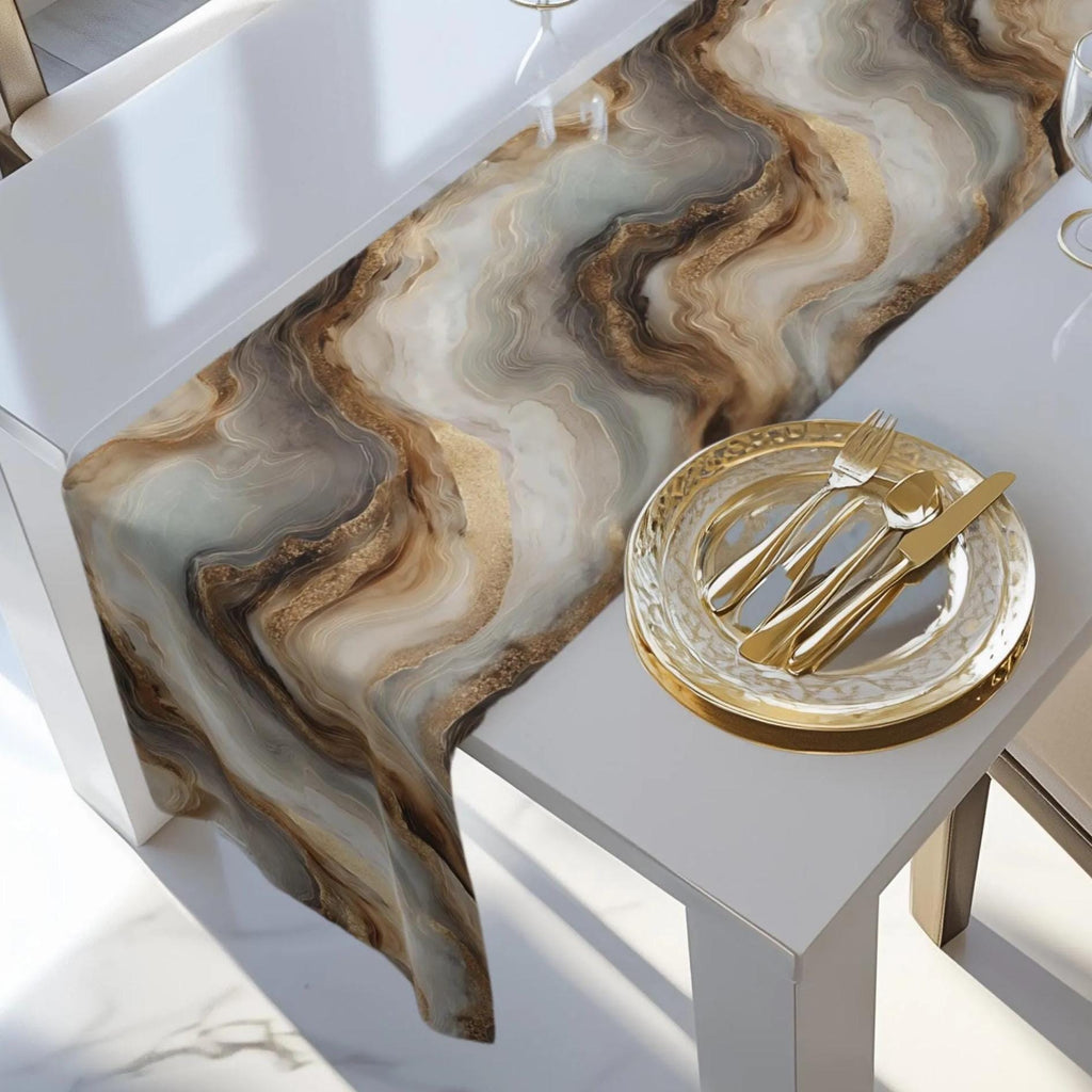 Modern Abstract Table Runner: Brown Marble Look with Gold Color Accents