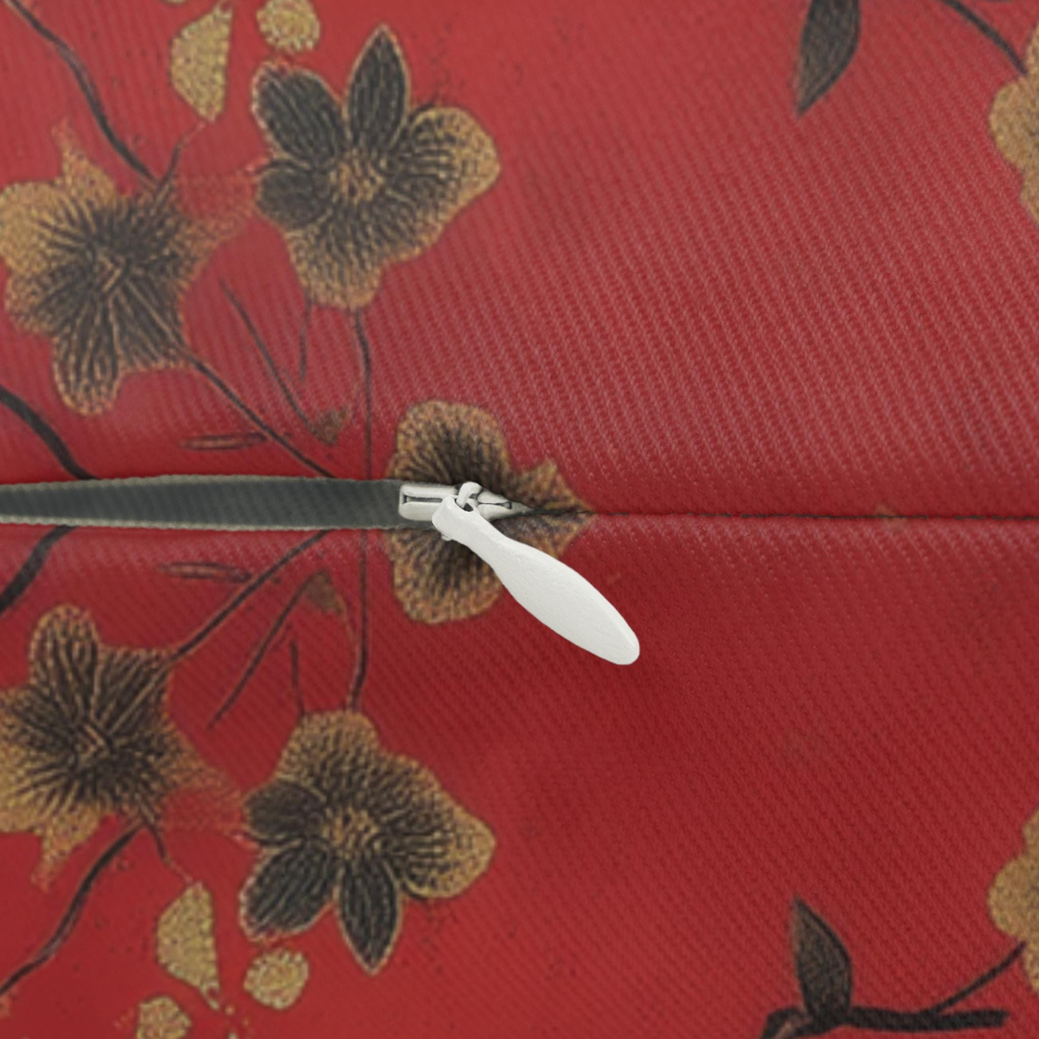 Elegant Chinoiserie Bird Lumbar Pillow: Vintage-Inspired Crimson, Black & Gold Floral Cushion Cover