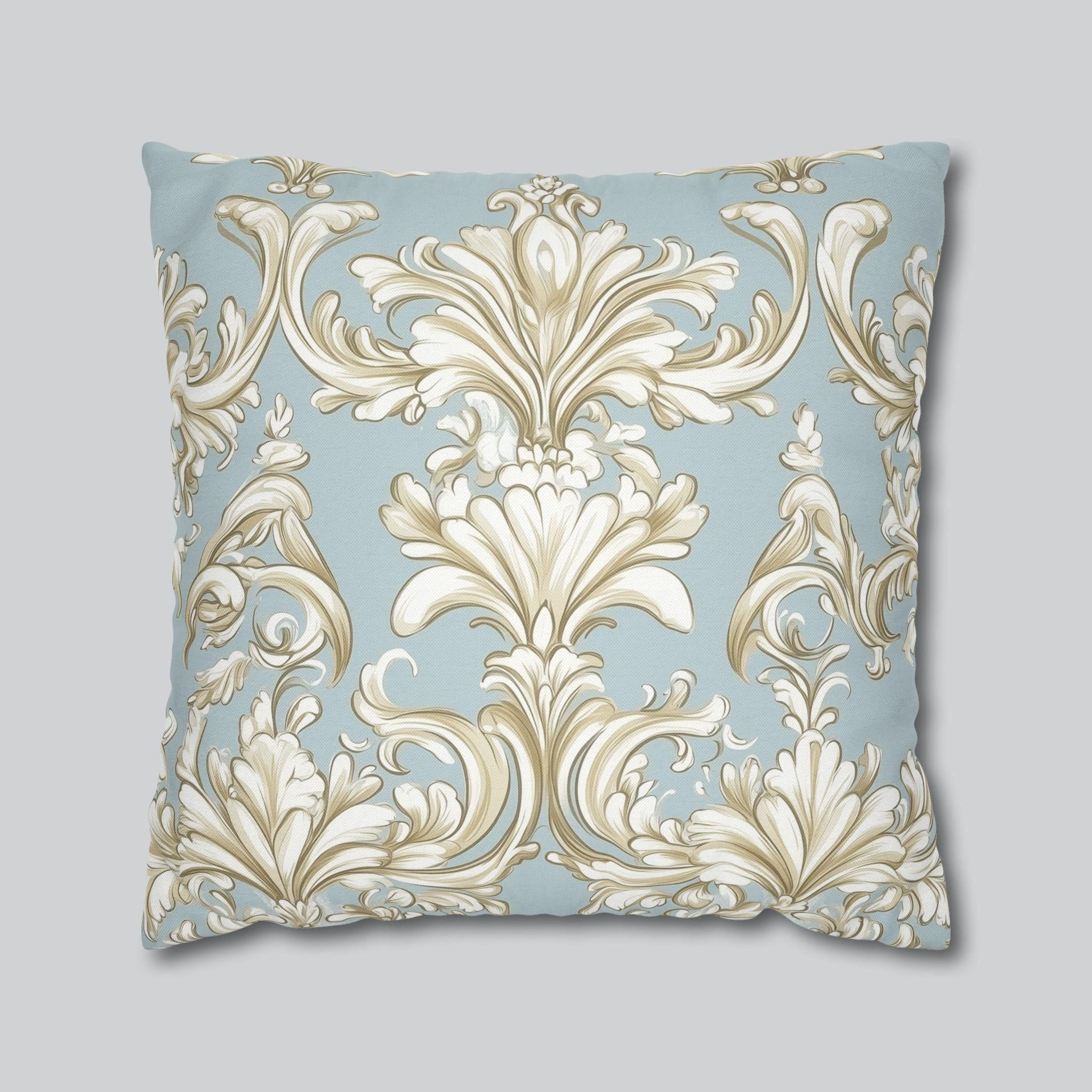 Elegant Baroque Champagne & Powder Blue Pillow Cover: Vintage-Style Bedroom Accent for Luxurious Home Decor