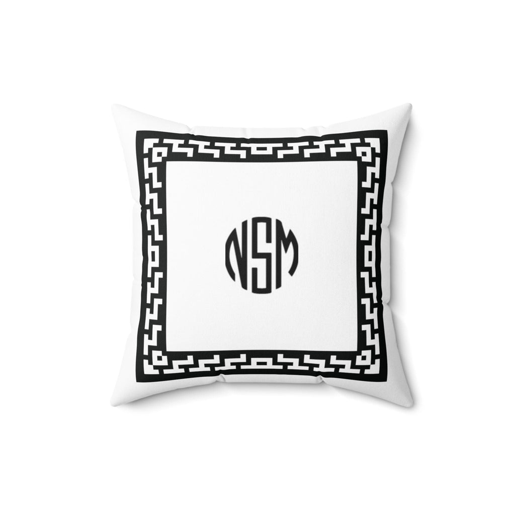 Personalized White Faux Suede Pillow with Greek Key Border and Custom Monogram Initials