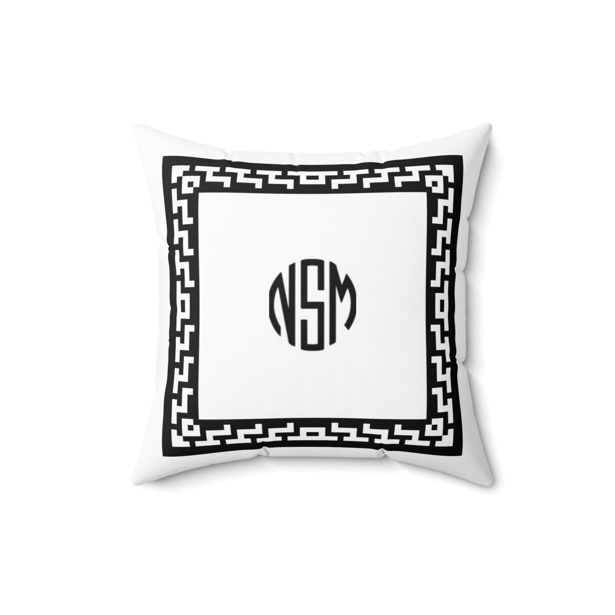 Personalized White Faux Suede Pillow with Greek Key Border and Custom Monogram Initials