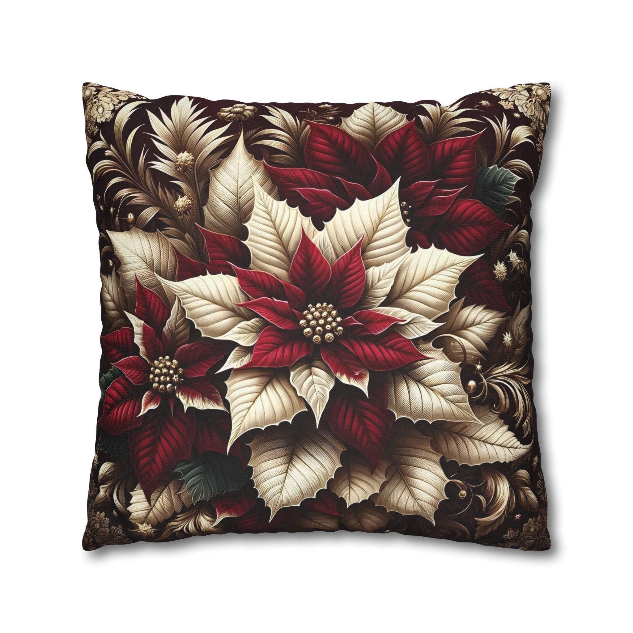 Sophisticated Burgundy & Gold Poinsettia Christmas Pillow Cover | Elegant Holiday Decor