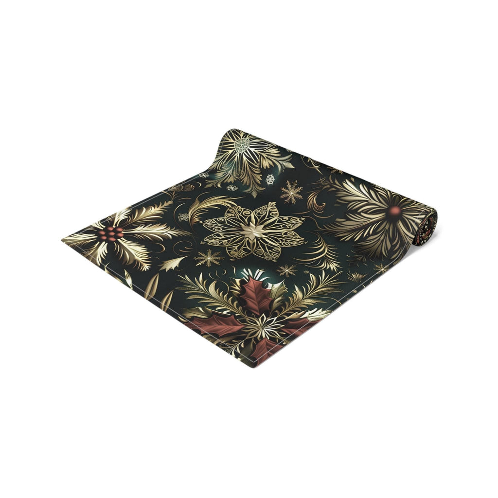 Emerald Green Holiday Table Runner: Gold Snowflakes, Red Poinsettias