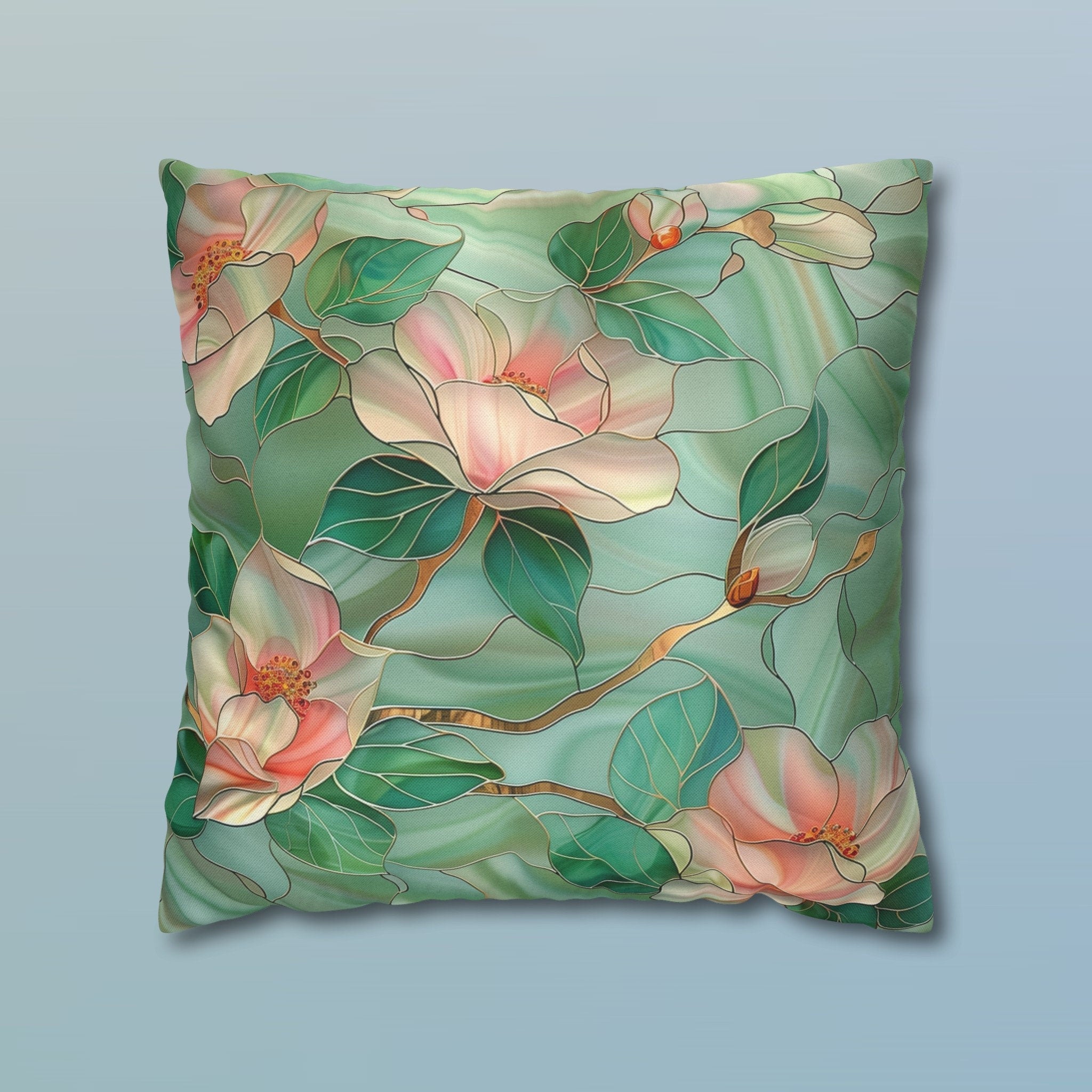Luminous Green Chinoiserie Pillow Cover: Pink Magnolia Stained Glass Art for Home Decor